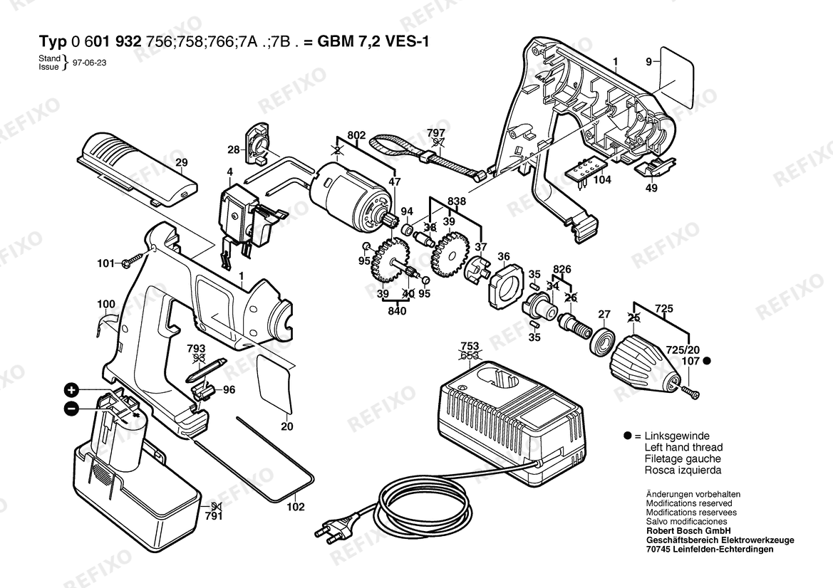 Деталировка Bosch Аккумуляторный - дрель GBM 7,2 VES-1 | 7.2 V | 001 - EU (0 601 932 7A1) — схема запчастей в разборе