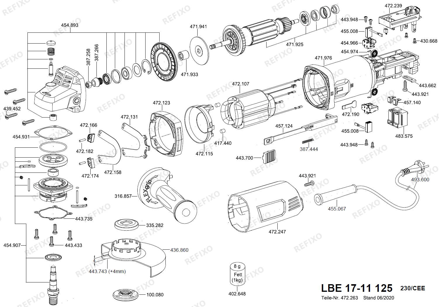 Деталировка Flex LBE 17-11 125 - угловая шлифмашина LBE17-11-125 — схема запчастей в разборе