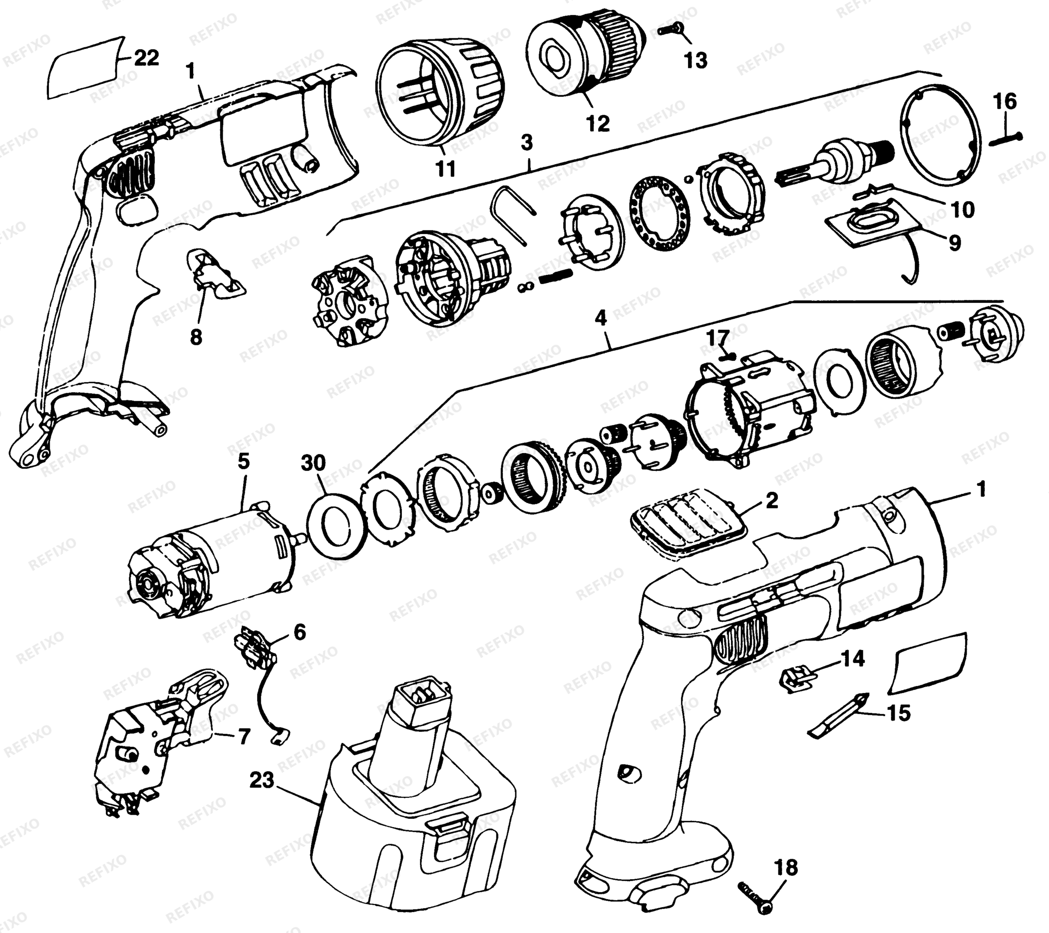 Деталировка DeWalt DW961-XJ TYPE 2 аккумуляторный - дрель DW961-XJ DW961 — схема запчастей в разборе