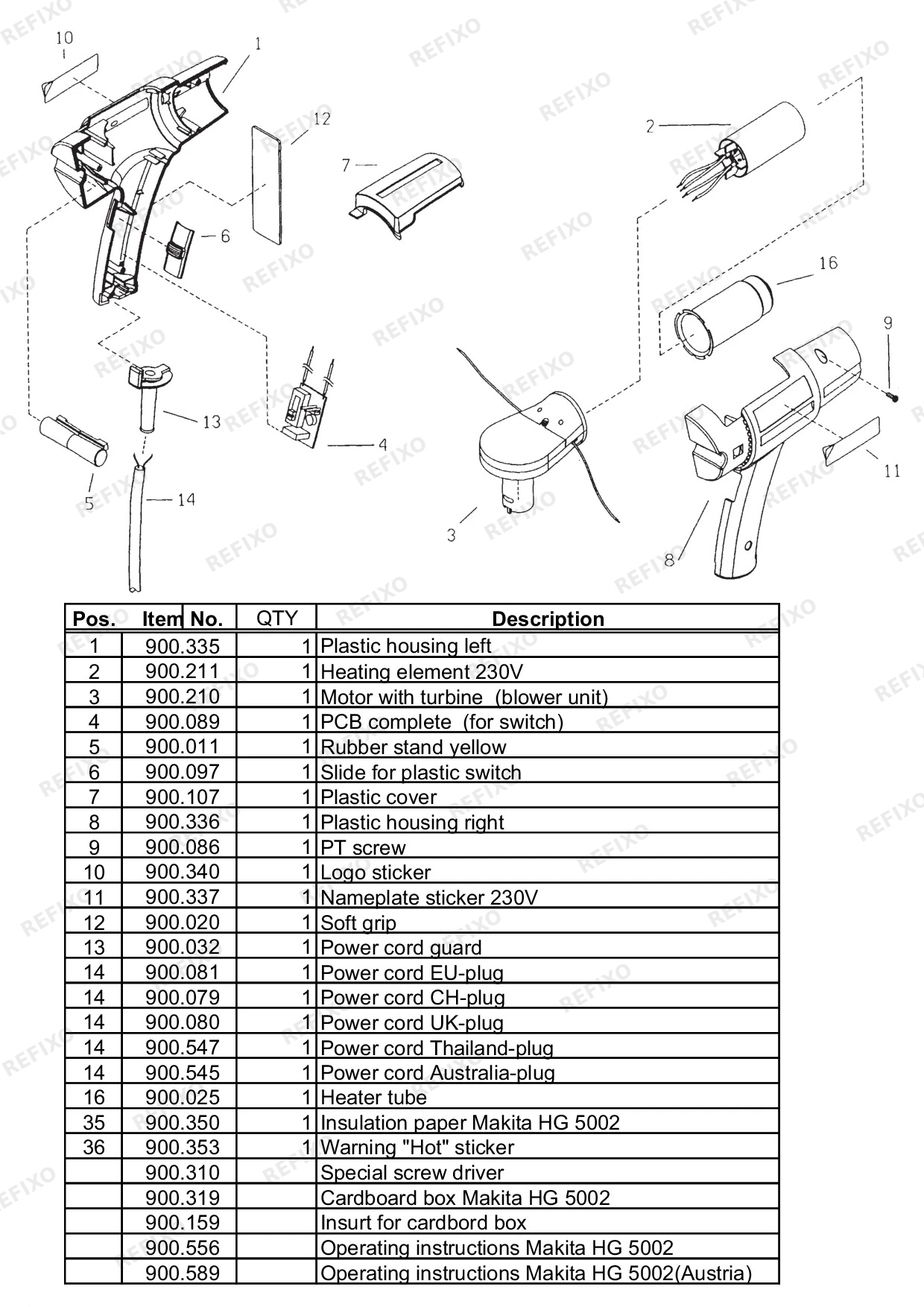 Деталировка MAKITA HG5002 — схема запчастей в разборе