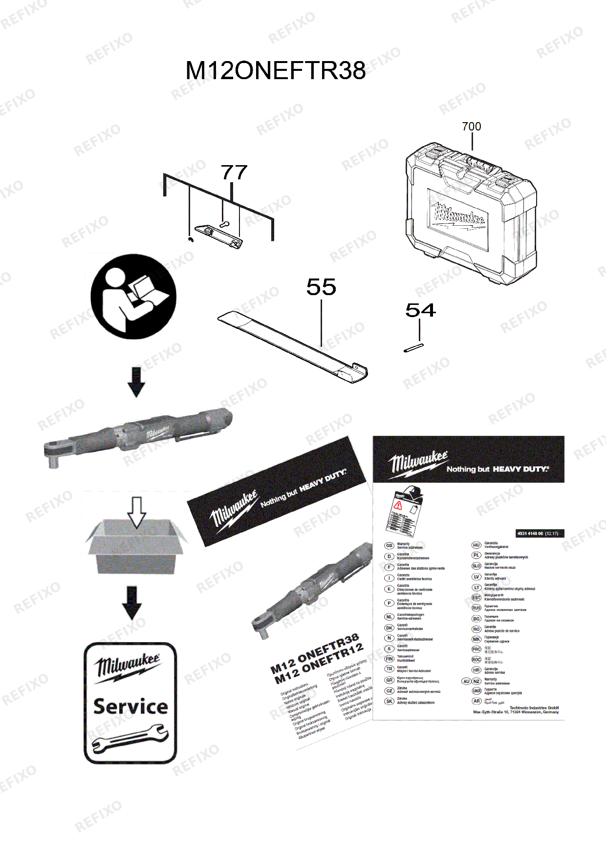 Деталировка MILWAUKEE M12ONEFTR38 0C 4933464966 4000481159 — схема запчастей в разборе