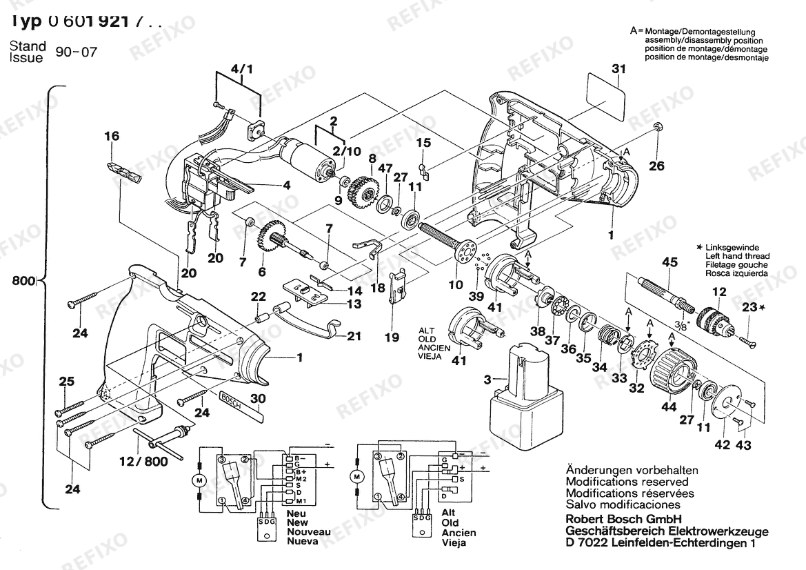 Деталировка Bosch Аккумуляторный - шуруповёрт CORDLESS SCREW DRIVE | 7.2 V | 035 - FR (0 601 921 761) — схема запчастей в разборе