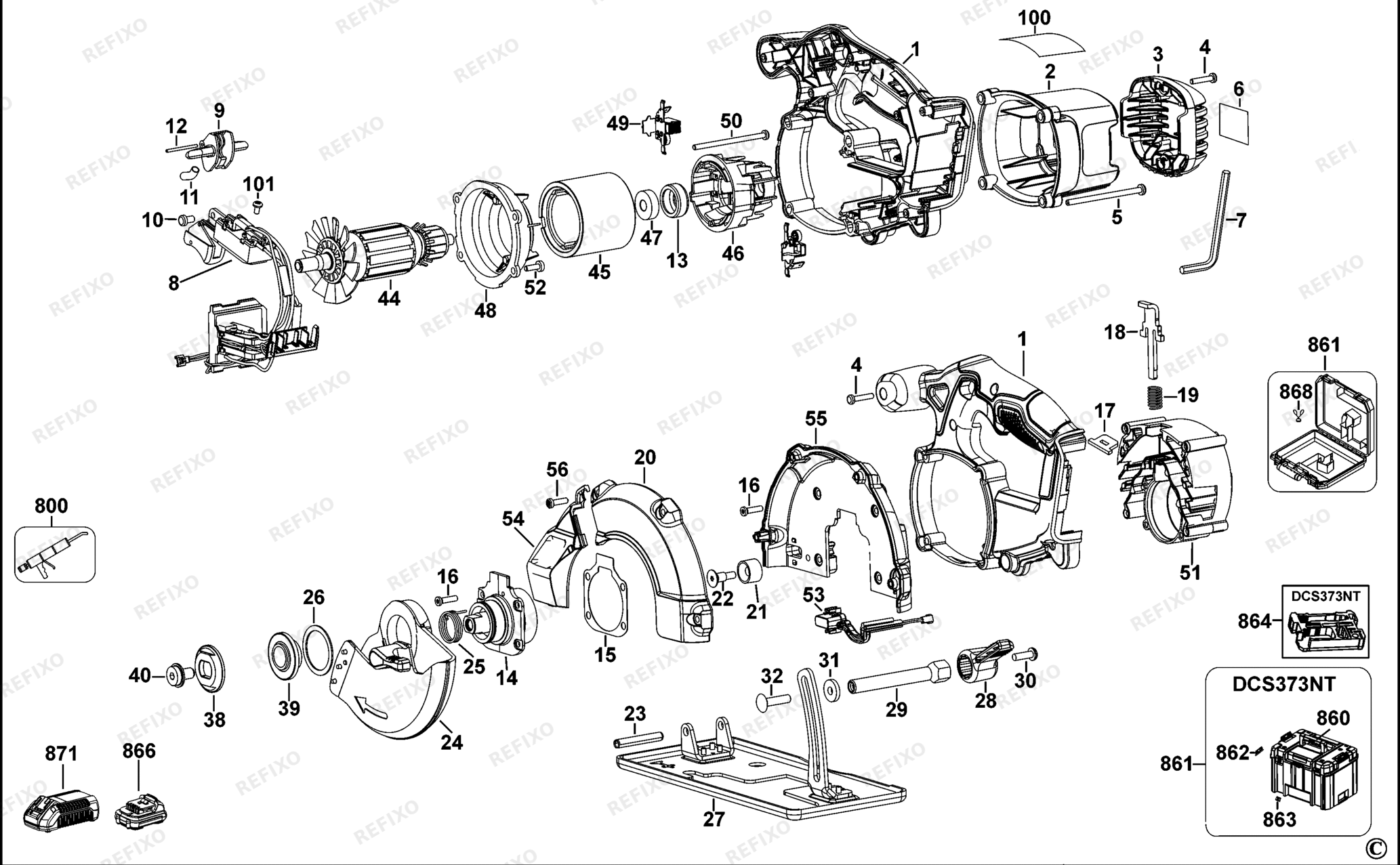 Деталировка DeWalt DCS373-QW TYPE 1 CORDLESS CIRCULAR SAW DCS373-QW DCS373 — схема запчастей в разборе