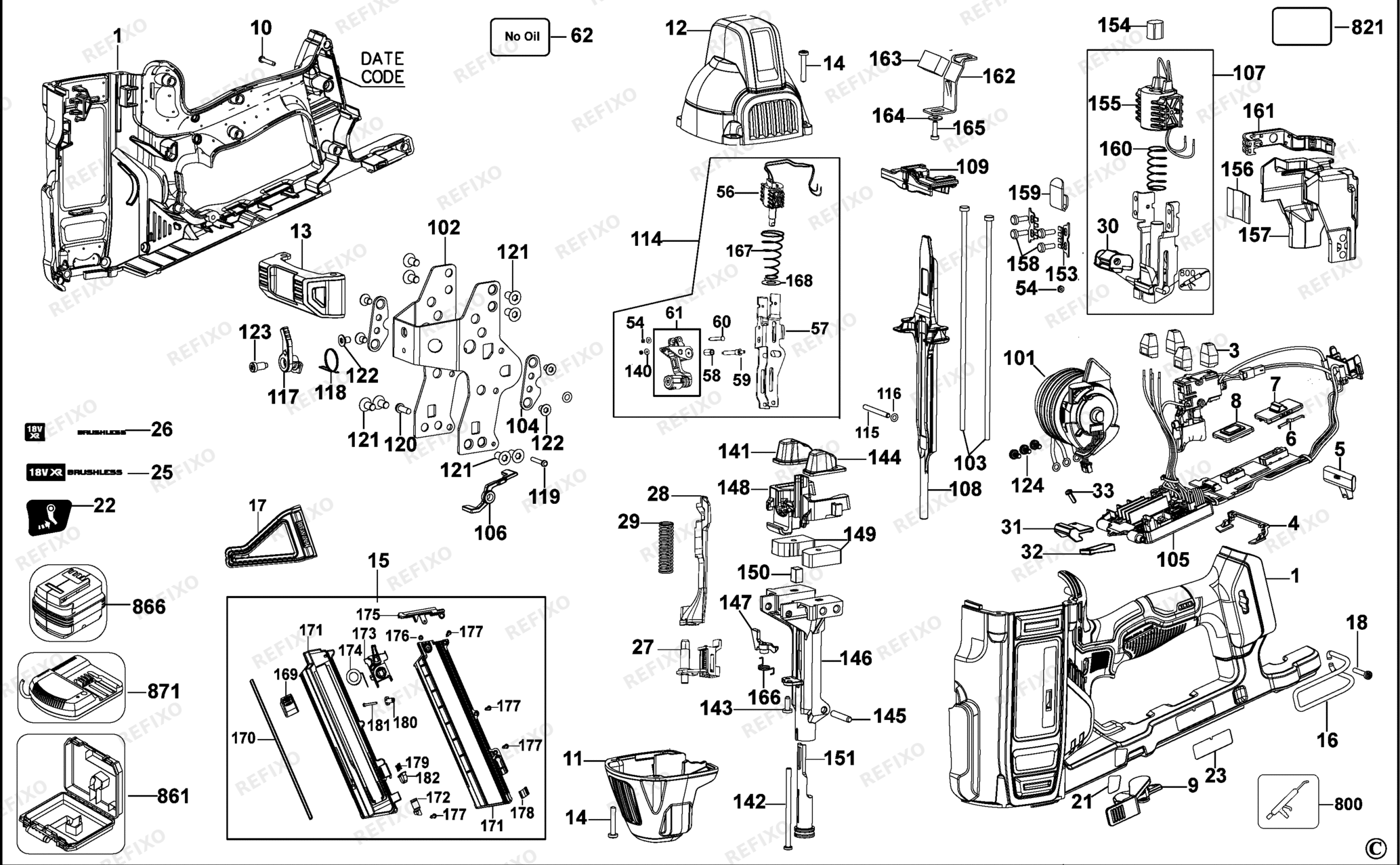 Деталировка DeWalt DCN890-XJ TYPE 3 NAILER DCN890-XJ DCN890 — схема запчастей в разборе