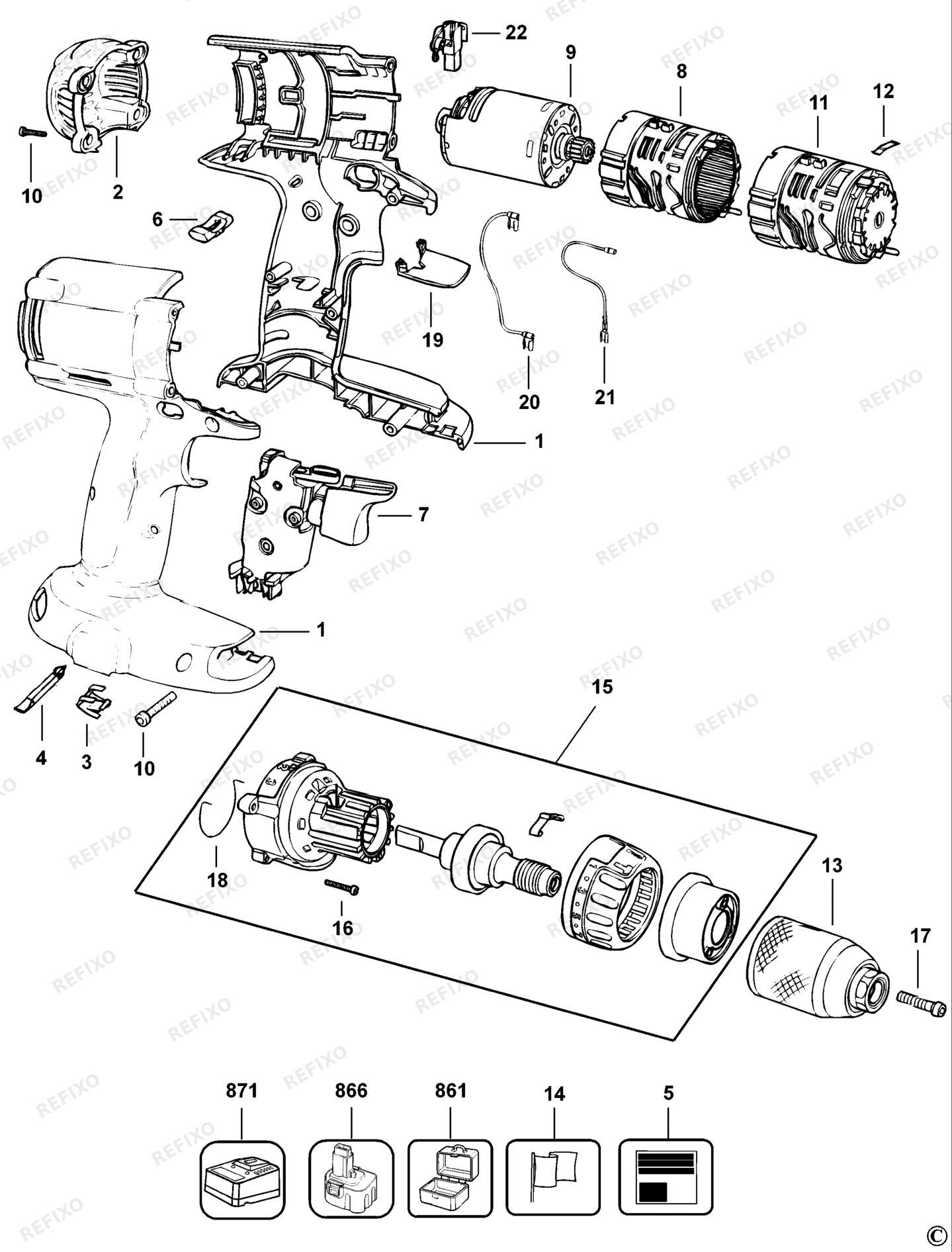 Деталировка DeWalt DW984K-XJ TYPE 1 аккумуляторный - дрель DW984K-XJ DW984K — схема запчастей в разборе