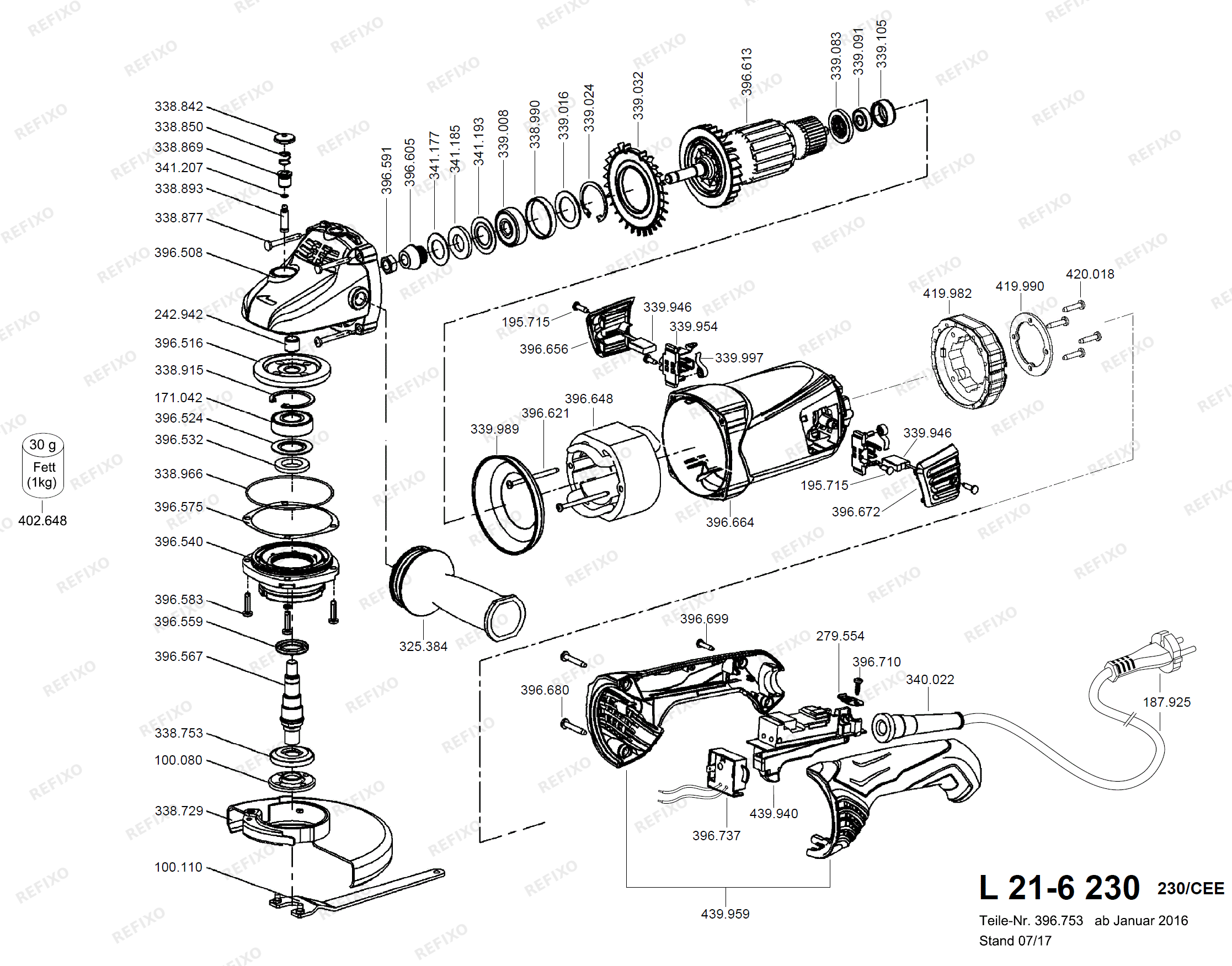Деталировка Flex L 21-6 230 - 2100 Watt Zweihand- угловая шлифмашина L21-6 — схема запчастей в разборе