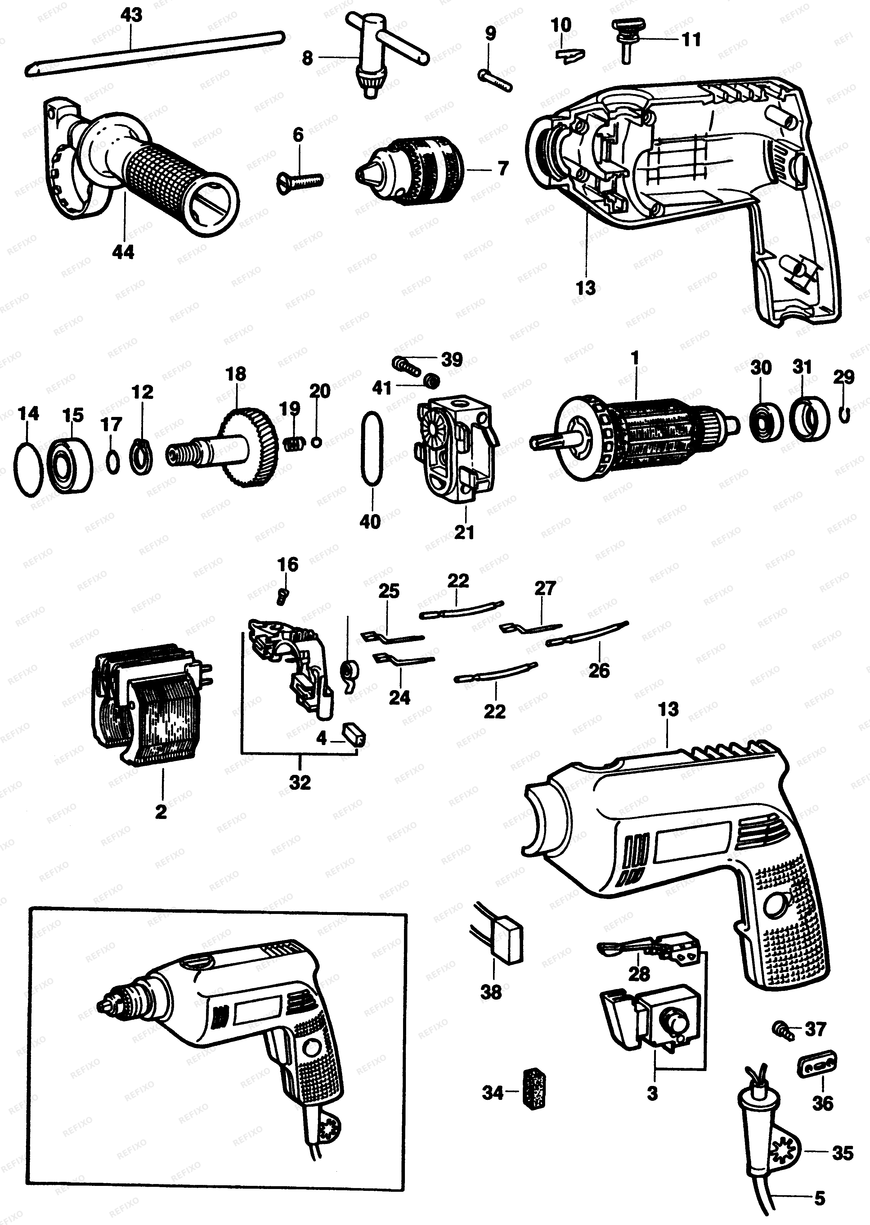 Деталировка Black&Decker ДРЕЛЬ 2279 — схема запчастей в разборе