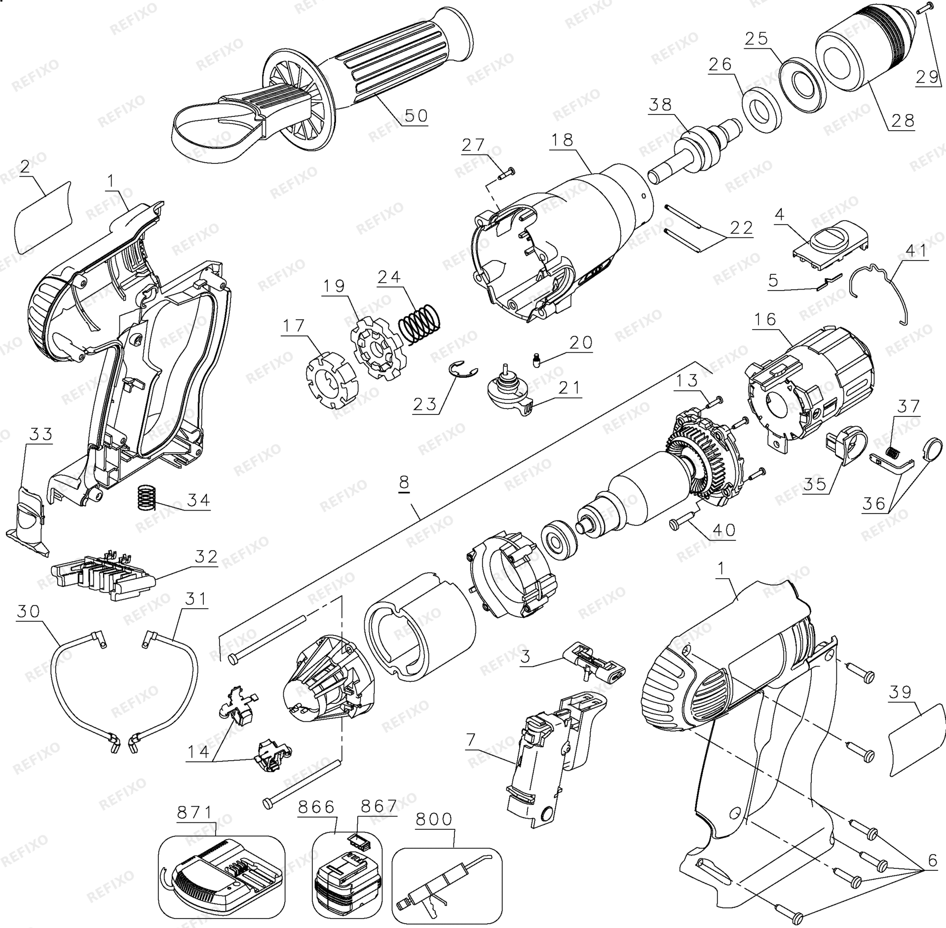 Деталировка DeWalt DW006K-QW TYPE 1 24V PERCUSSION DRILL DW006K-QW DW006K — схема запчастей в разборе