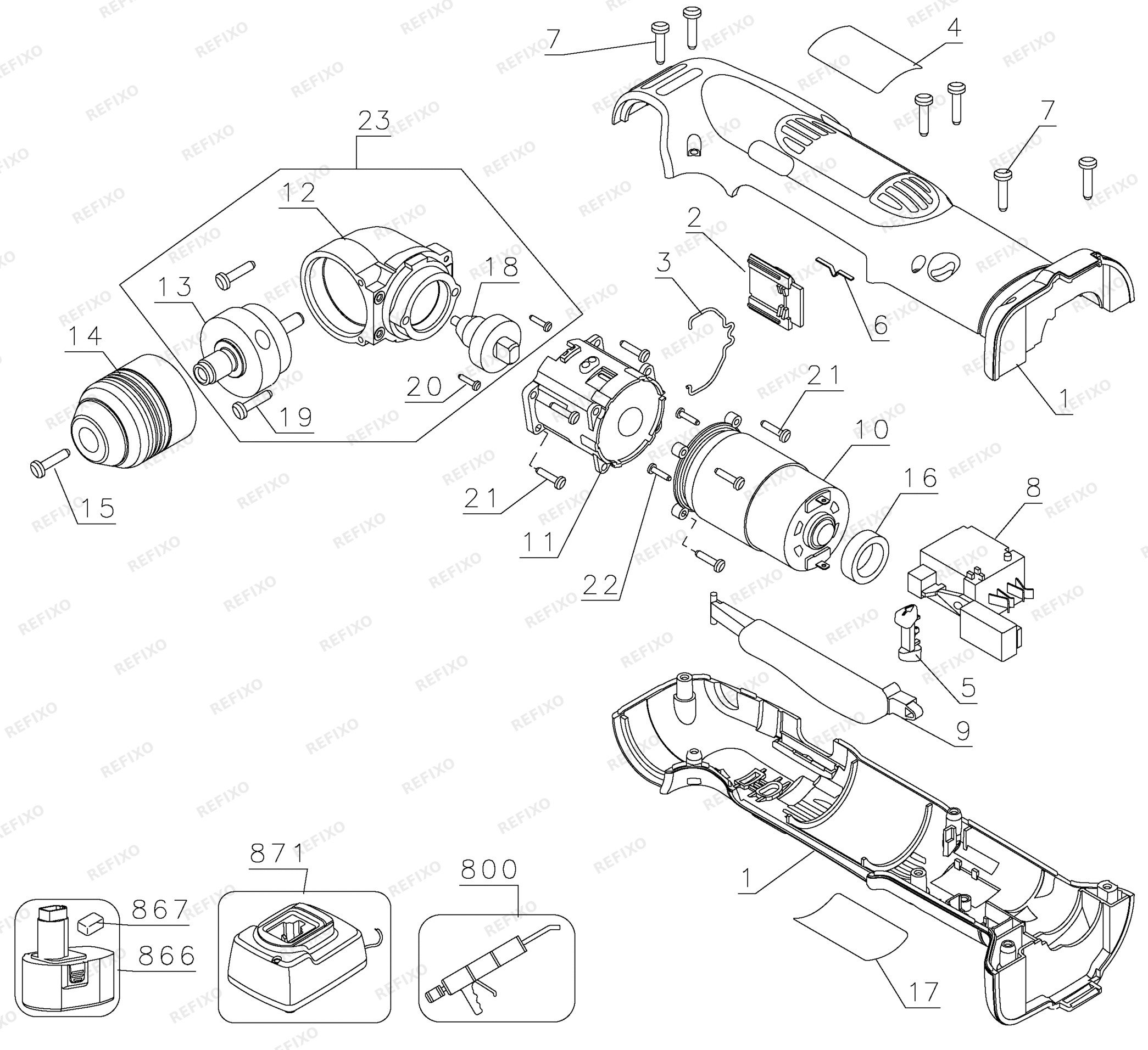 Деталировка DeWalt DW966K-QW TYPE 3 RIGHT ANGLE DRILL DW966K-QW DW966K — схема запчастей в разборе