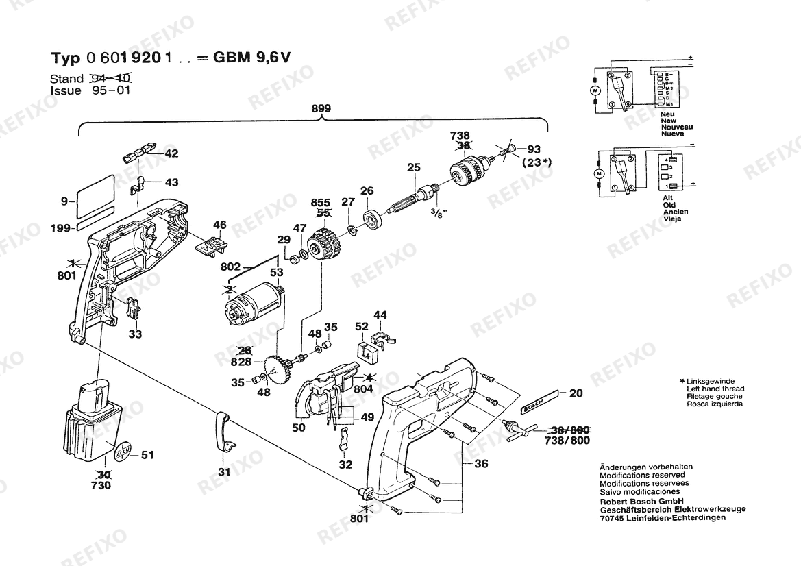 Деталировка Bosch Gw- аккумуляторный - дрель GBM 9,6 VRL | 9.6 V | 036 - GB (0 601 920 142) — схема запчастей в разборе
