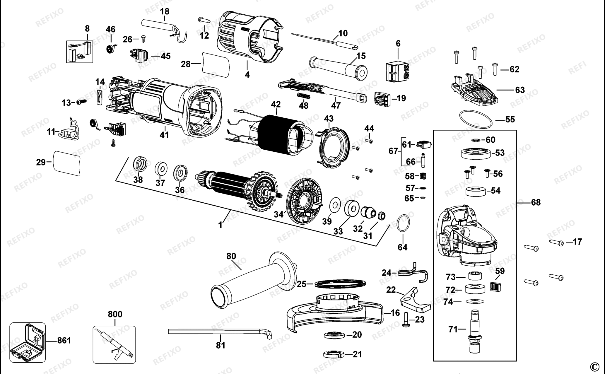 Деталировка DeWalt DWE4150-LX TYPE 1 SMALL ANGLE GRINDER DWE4150-LX DWE4150 — схема запчастей в разборе