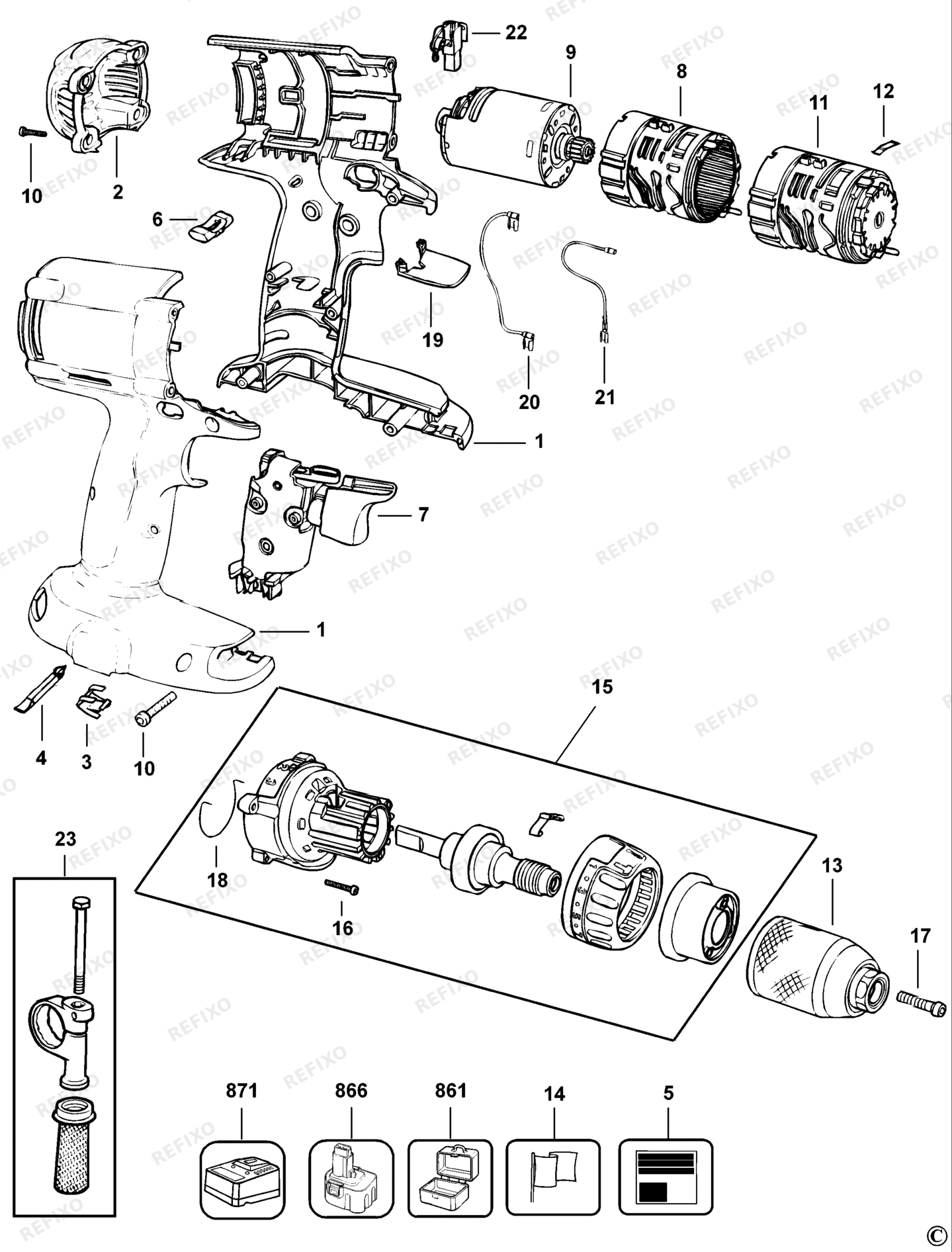 Деталировка DeWalt DW987KQ-XJ TYPE 1 аккумуляторный - дрель DW987KQ-XJ DW987KQ — схема запчастей в разборе