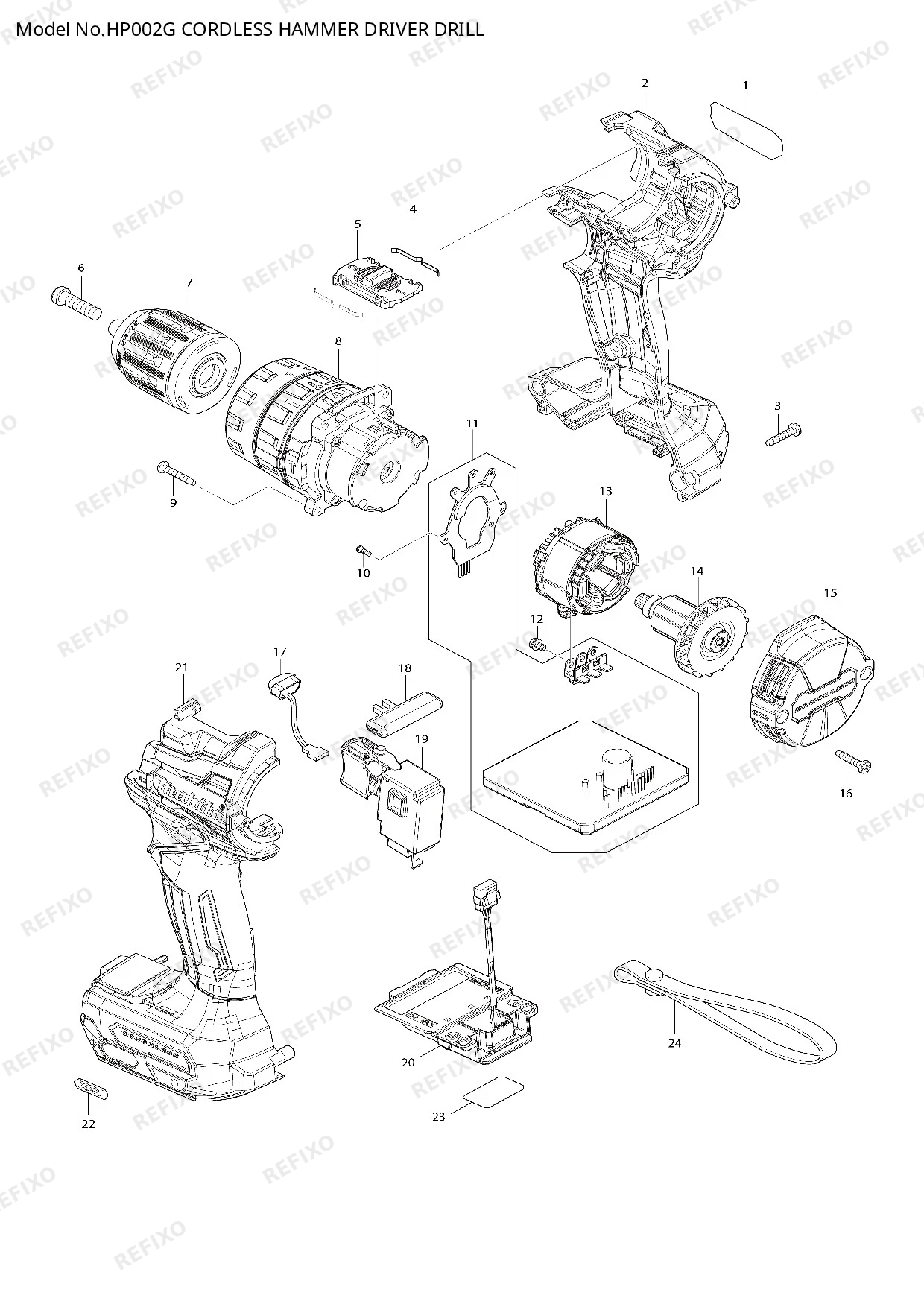 Деталировка MAKITA HP002G — схема запчастей в разборе