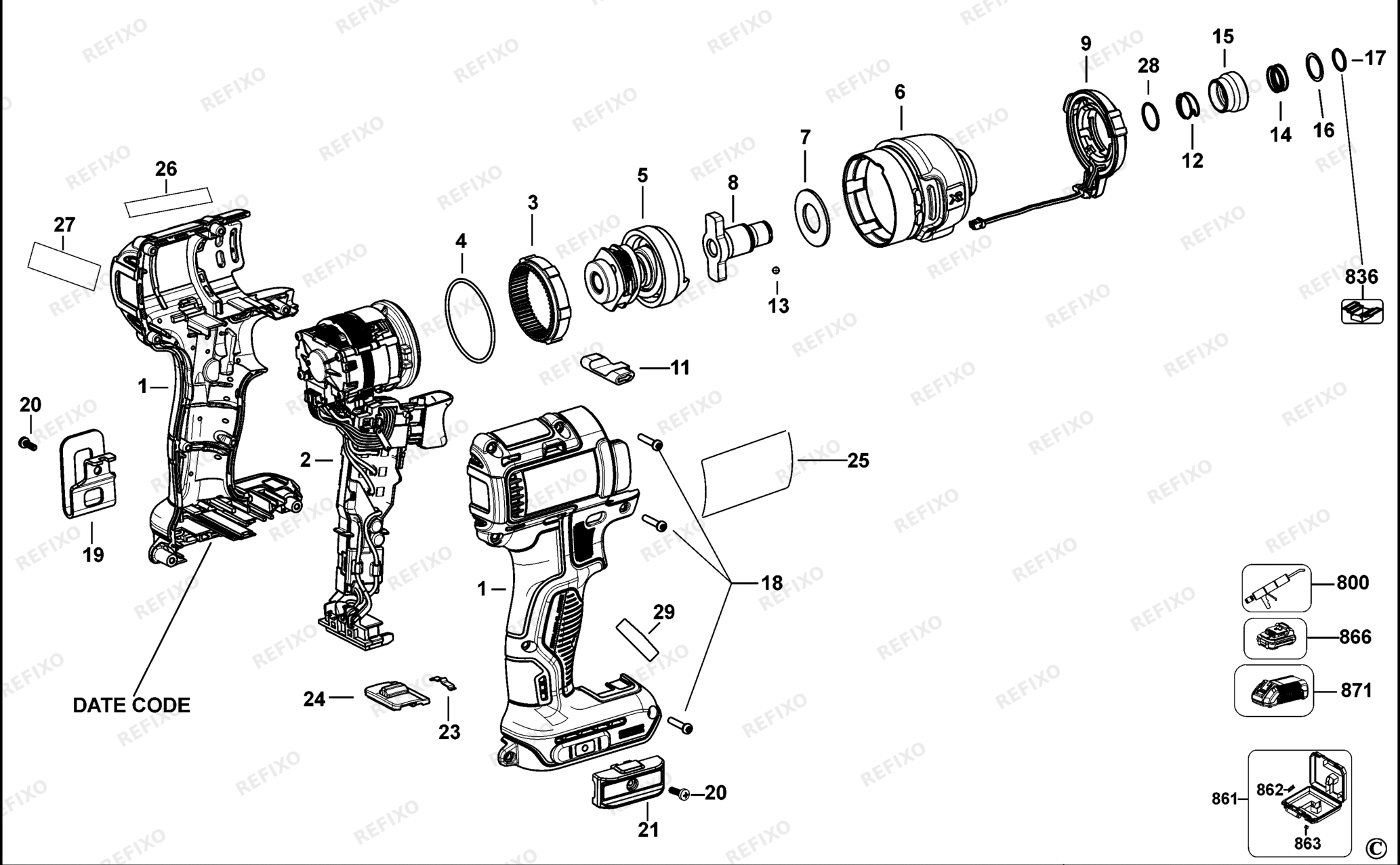 Деталировка DeWalt DCF887-QW TYPE 10 SCHLAGSCHRAUBER DCF887-QW DCF887 — схема запчастей в разборе