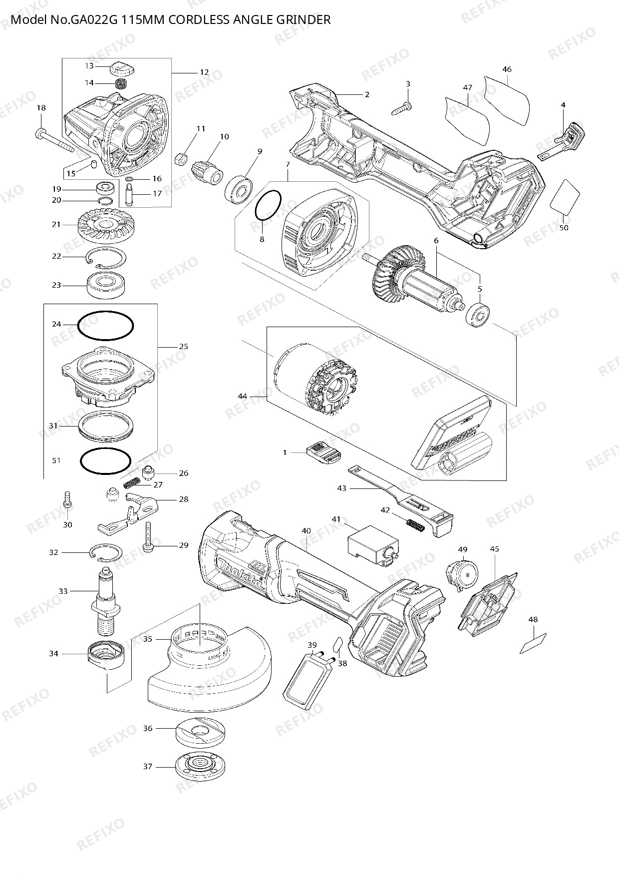 Деталировка MAKITA GA022G — схема запчастей в разборе