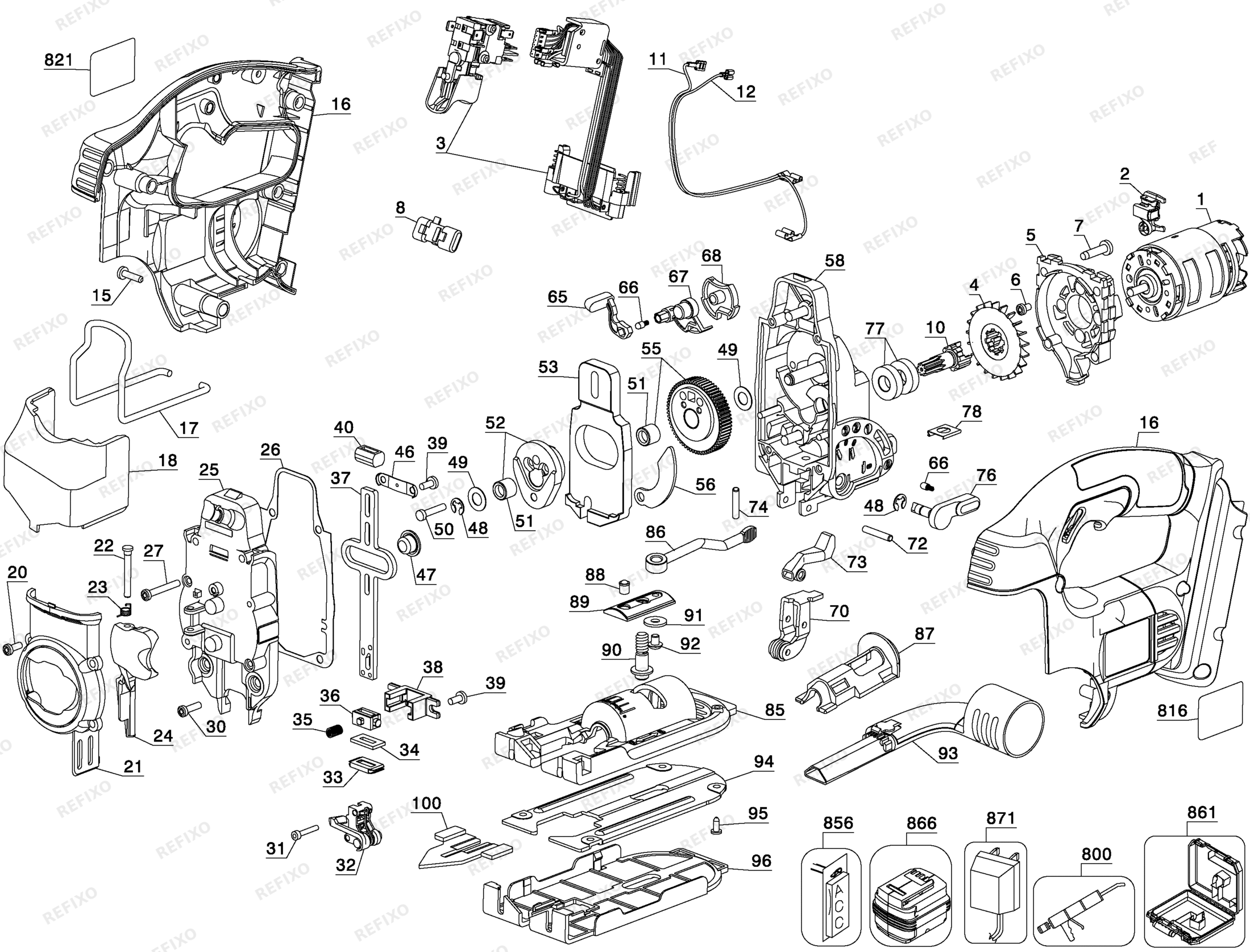 Деталировка DeWalt DC318KL-QW TYPE 1 28V Li-lon Jigsaw DC318KL-QW DC318KL — схема запчастей в разборе