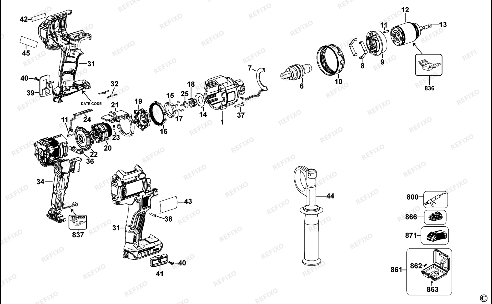 Деталировка DeWalt DCD990-QW TYPE 10 перфоратор DCD990-QW DCD990 — схема запчастей в разборе
