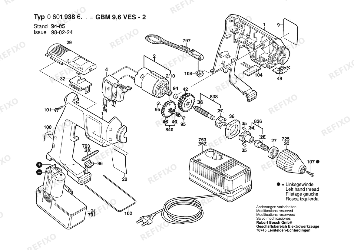 Деталировка Bosch Аккумуляторный - дрель GBM 9,6 VES-2 | 9.6 V | 001 - EU (0 601 938 667) — схема запчастей в разборе