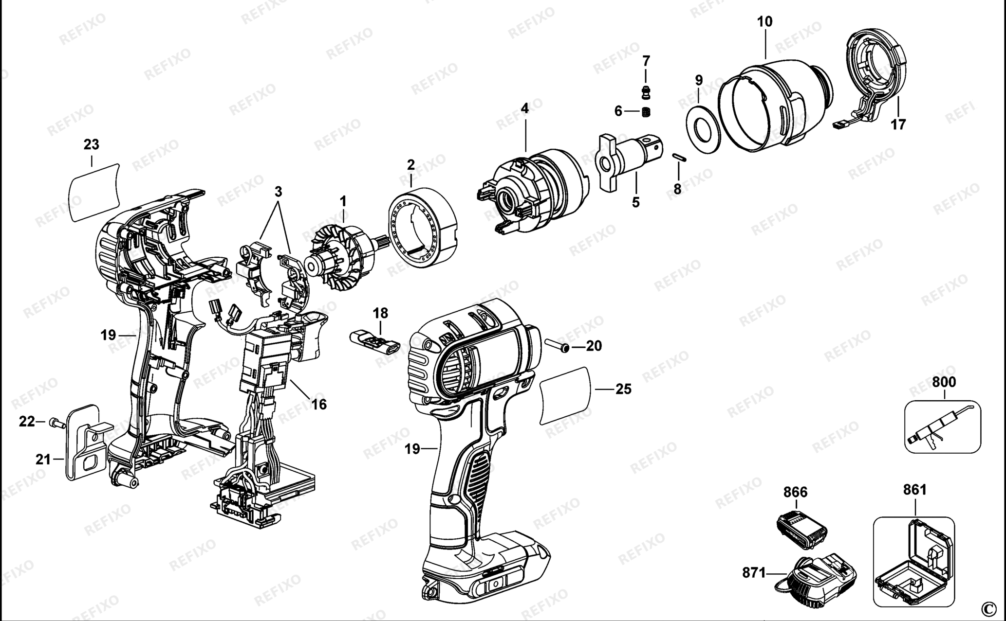 Деталировка DeWalt DCF880L2T-XJ TYPE 1 SCHLAGSCHRAUBENSCHL. DCF880L2T-XJ DCF880L2T — схема запчастей в разборе