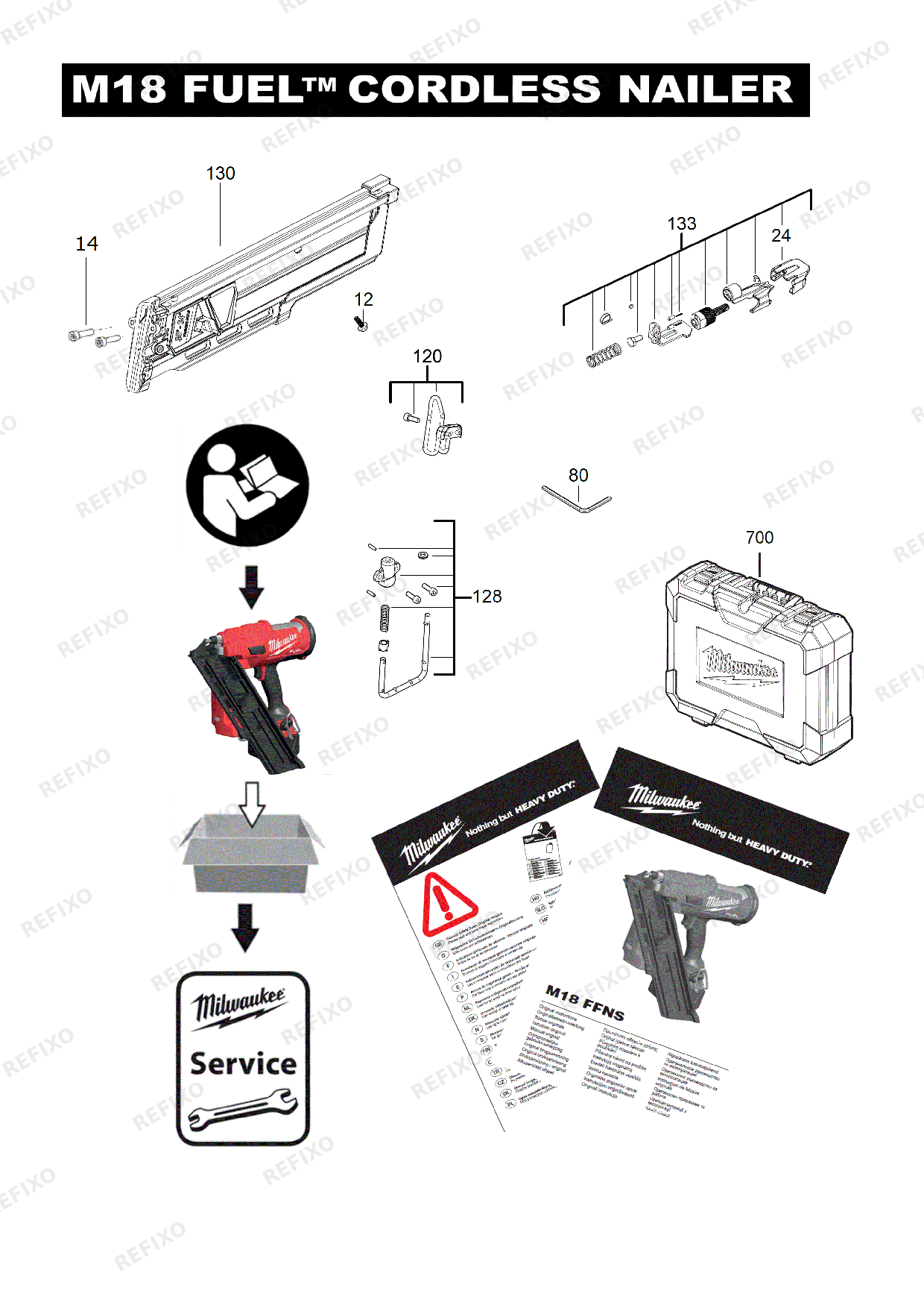Деталировка MILWAUKEE M18FFNS 502C IN2 4933478302 4000477490 — схема запчастей в разборе