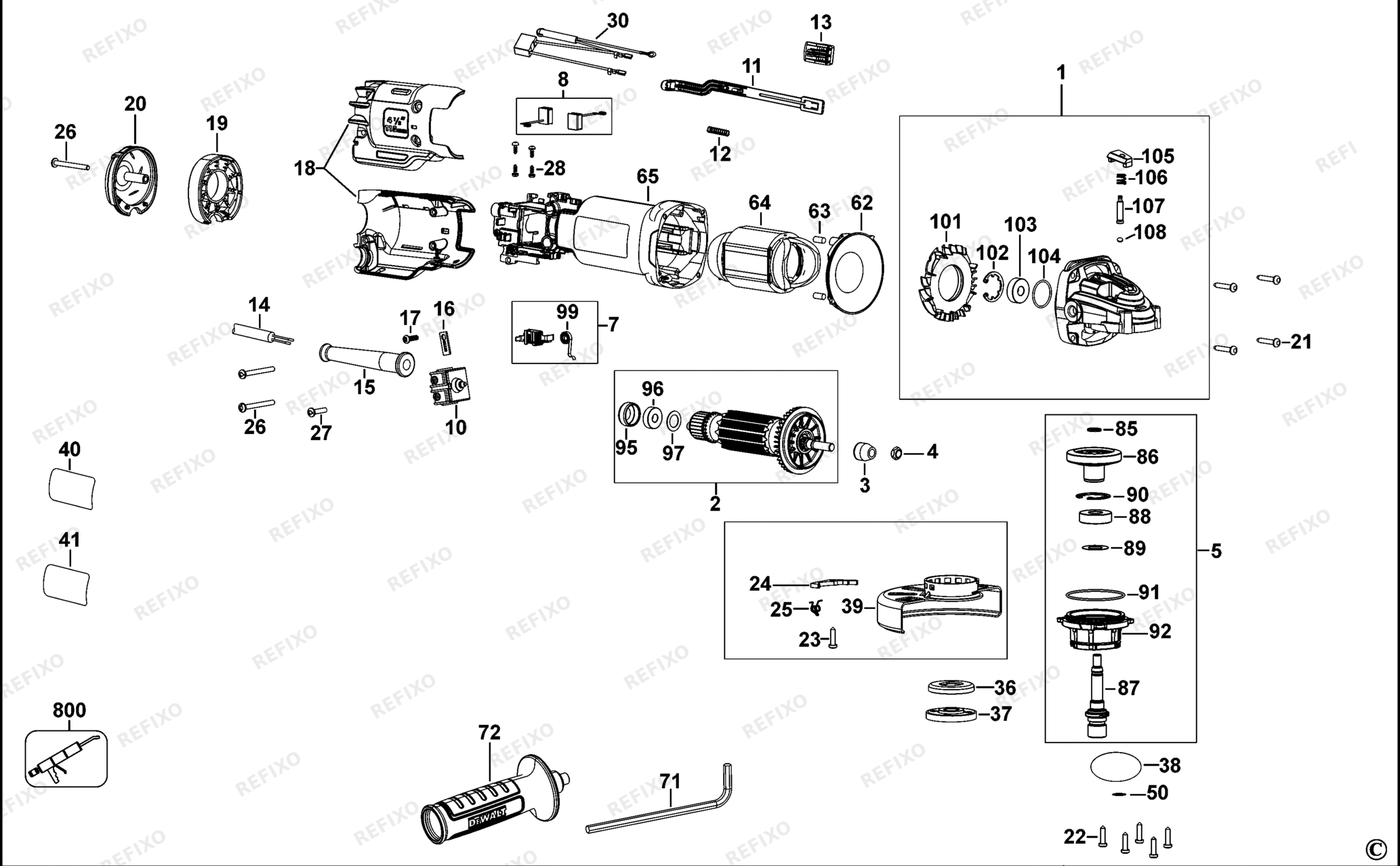 Деталировка DeWalt DWE4235-XJ TYPE 1 SMALL ANGLE GRINDER DWE4235-XJ DWE4235 — схема запчастей в разборе