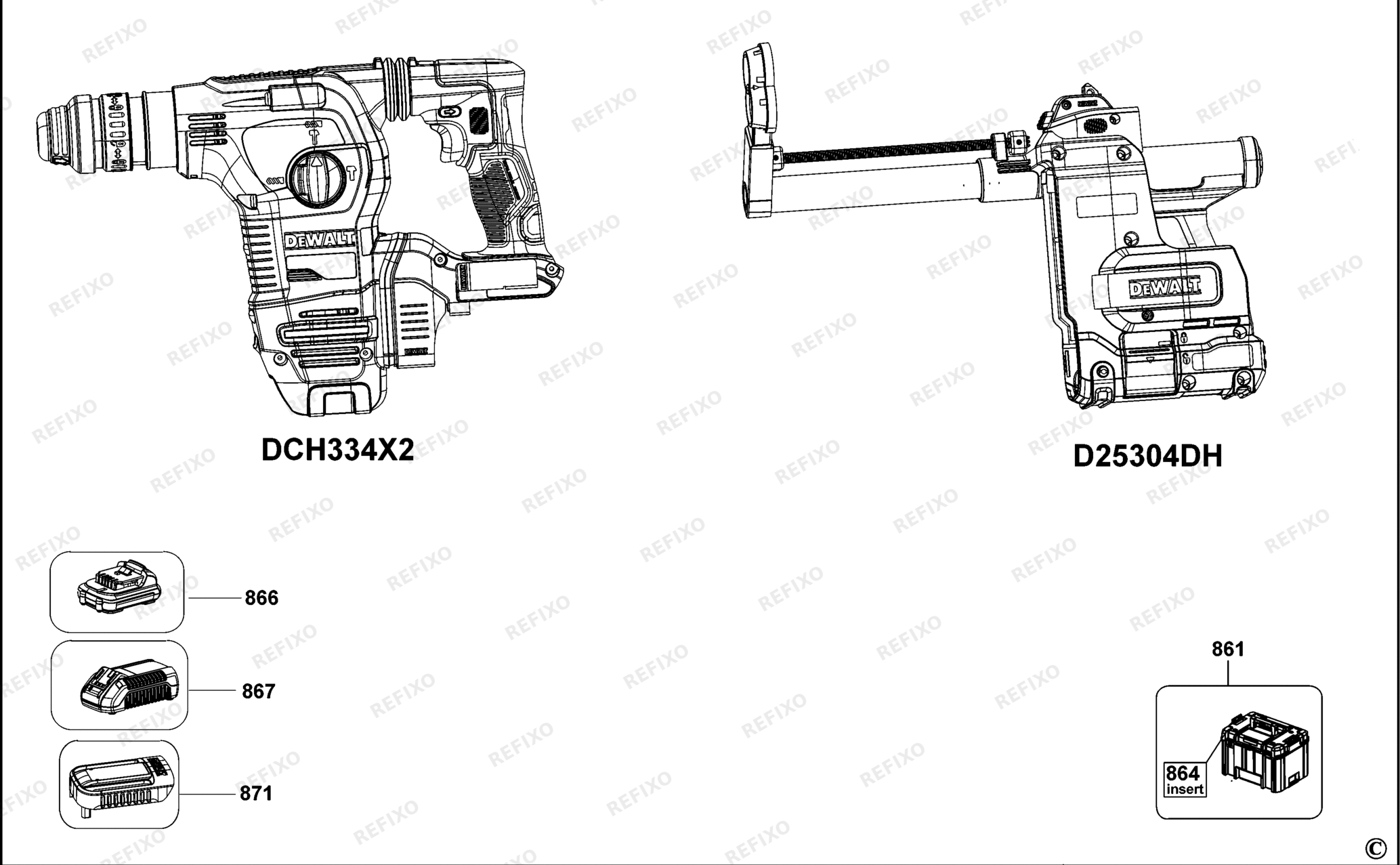 Деталировка DeWalt DCH335X2-QW TYPE 1 перфоратор DCH335X2-QW DCH335X2 — схема запчастей в разборе