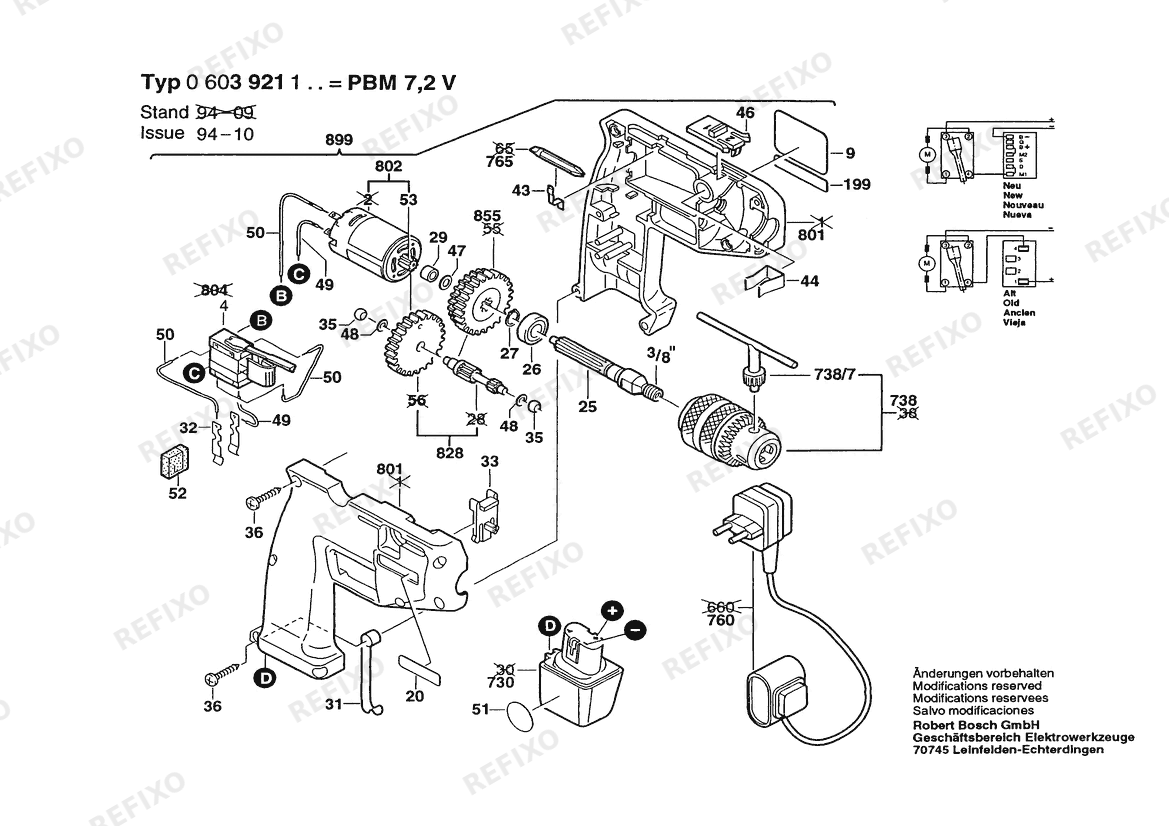 Деталировка Bosch Аккумуляторный - дрель PBM 7,2 V | 7.2 V | 001 - EU (0 603 921 123) — схема запчастей в разборе