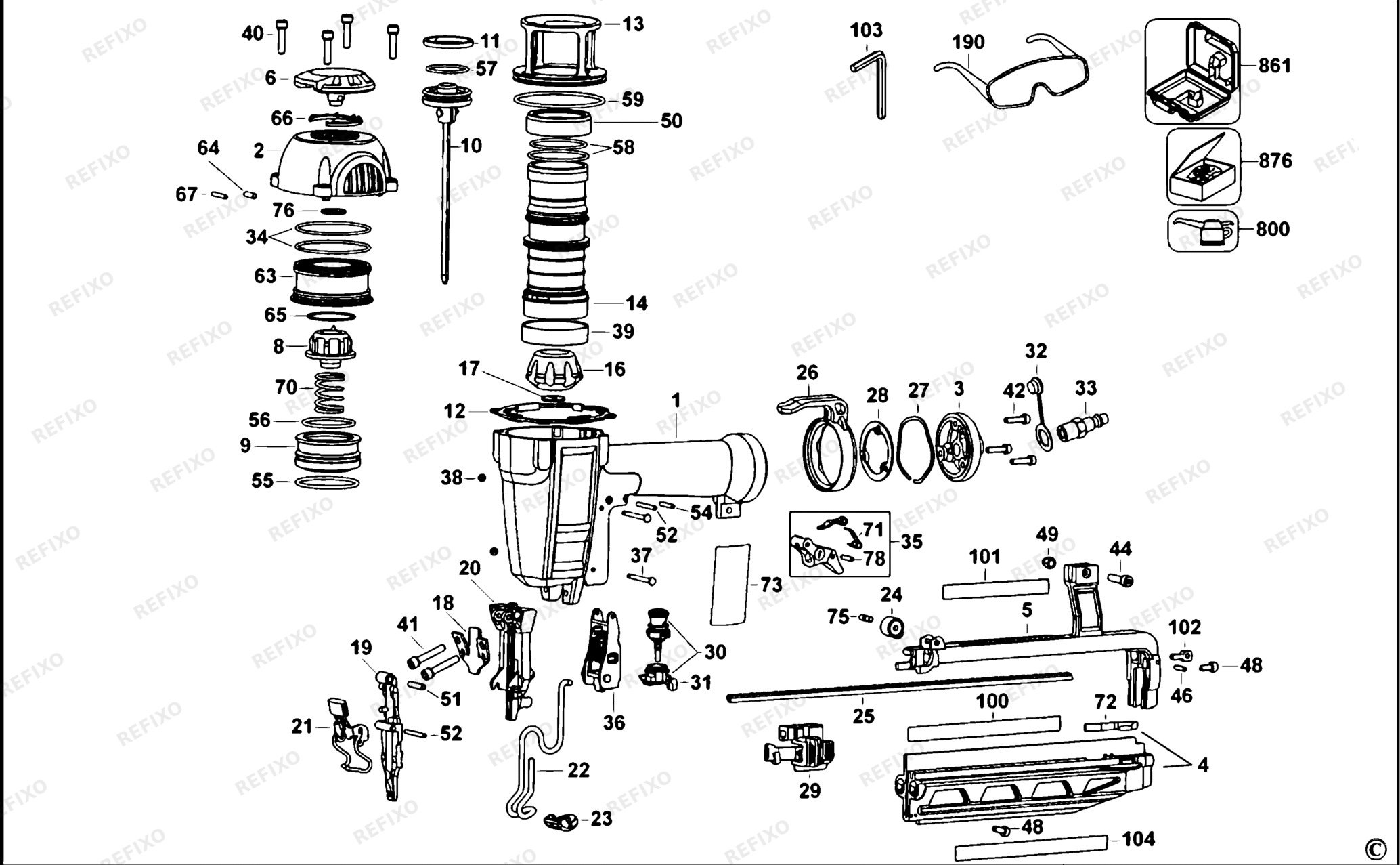 Деталировка DeWalt D51257K-XJ TYPE 1 63 mm Stift - Nagler D51257K-XJ D51257K — схема запчастей в разборе