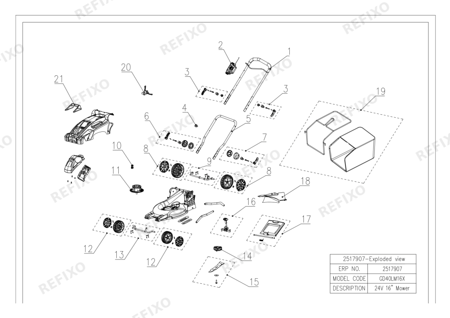 Деталировка Greenworks 2517907-GD40LM16x-Exploded wiew — схема запчастей в разборе