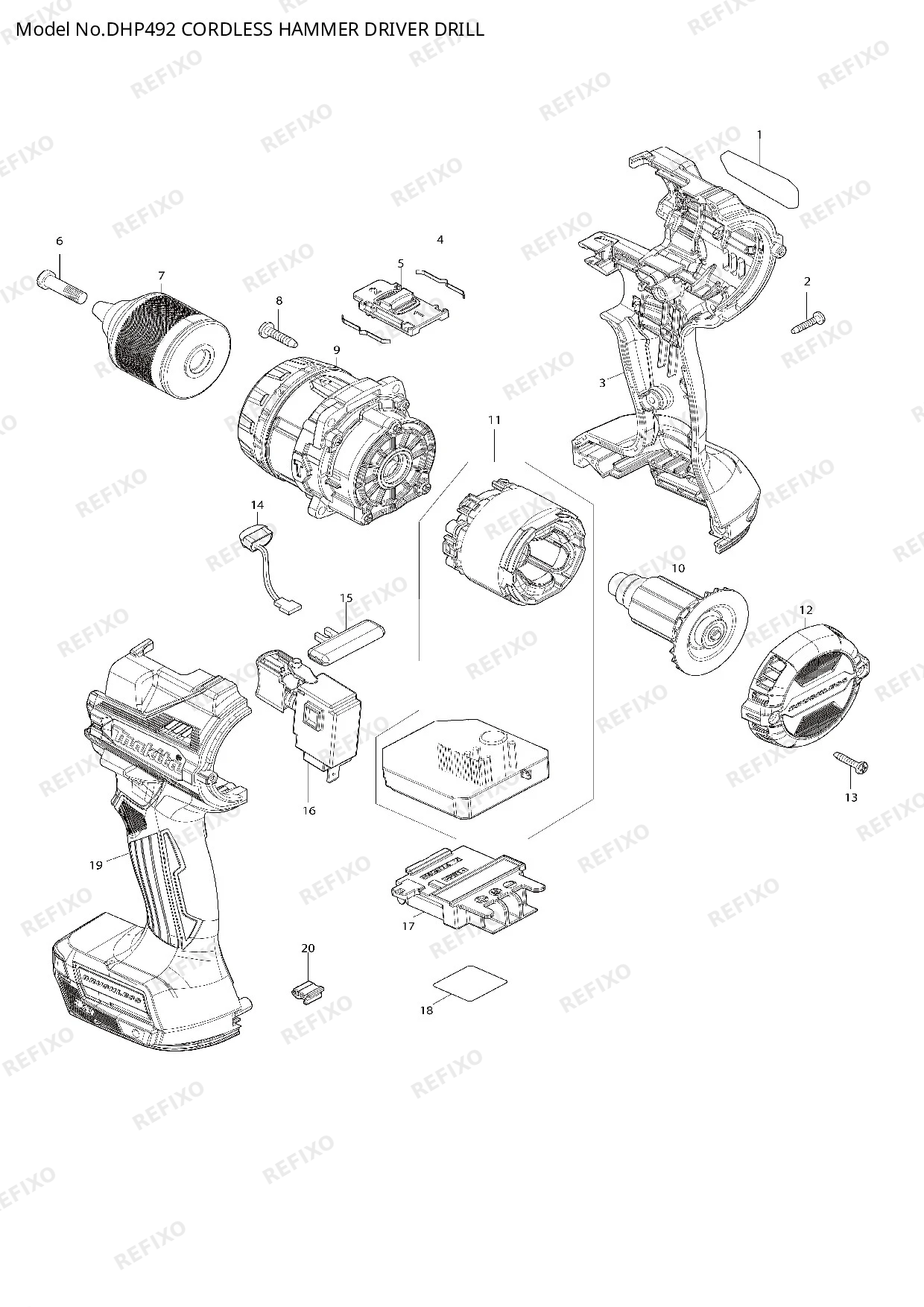 Деталировка MAKITA DHP492 — схема запчастей в разборе