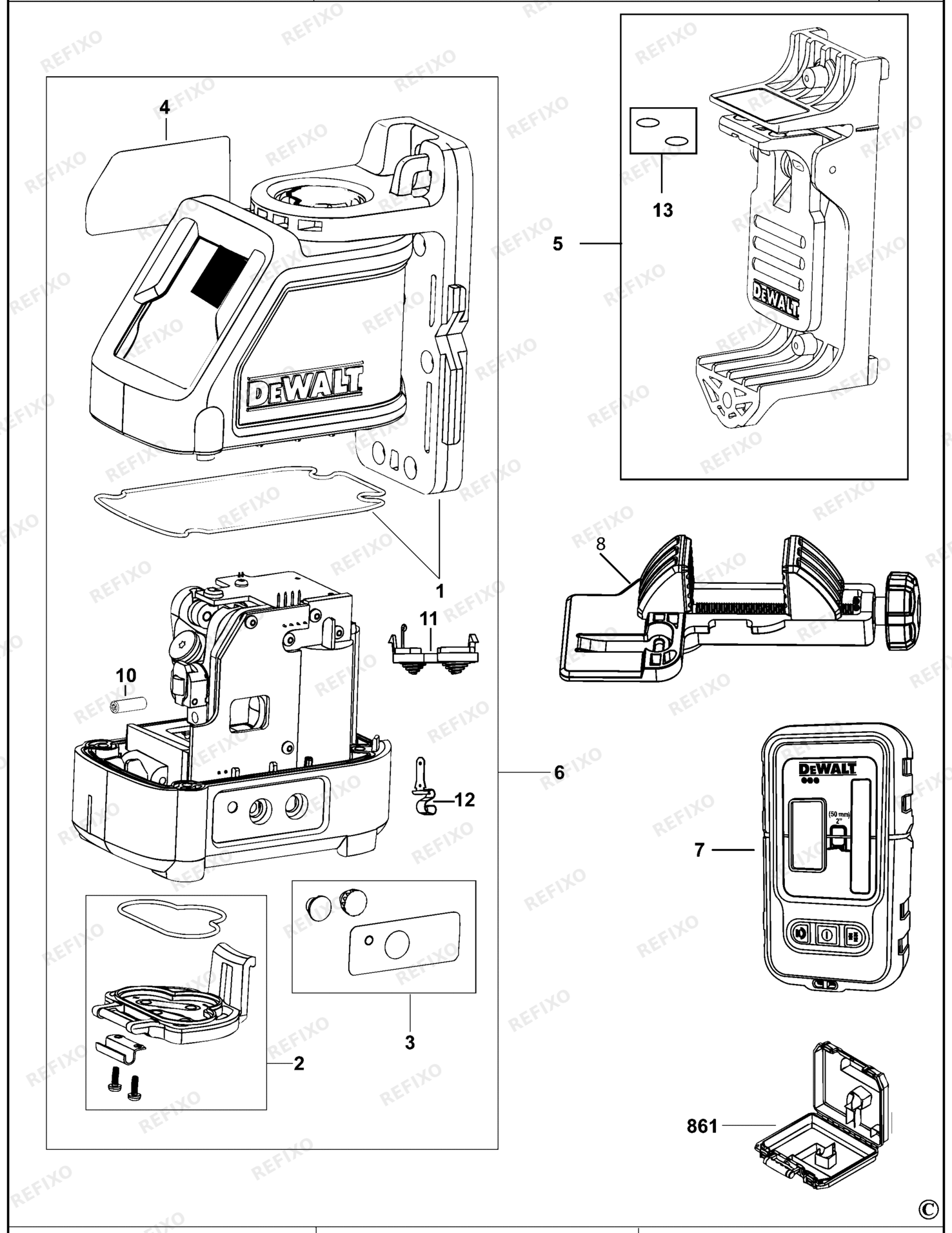 Деталировка DeWalt DW088CG-XJ TYPE 1 KREUZLINIENLASER DW088CG-XJ DW088CG — схема запчастей в разборе