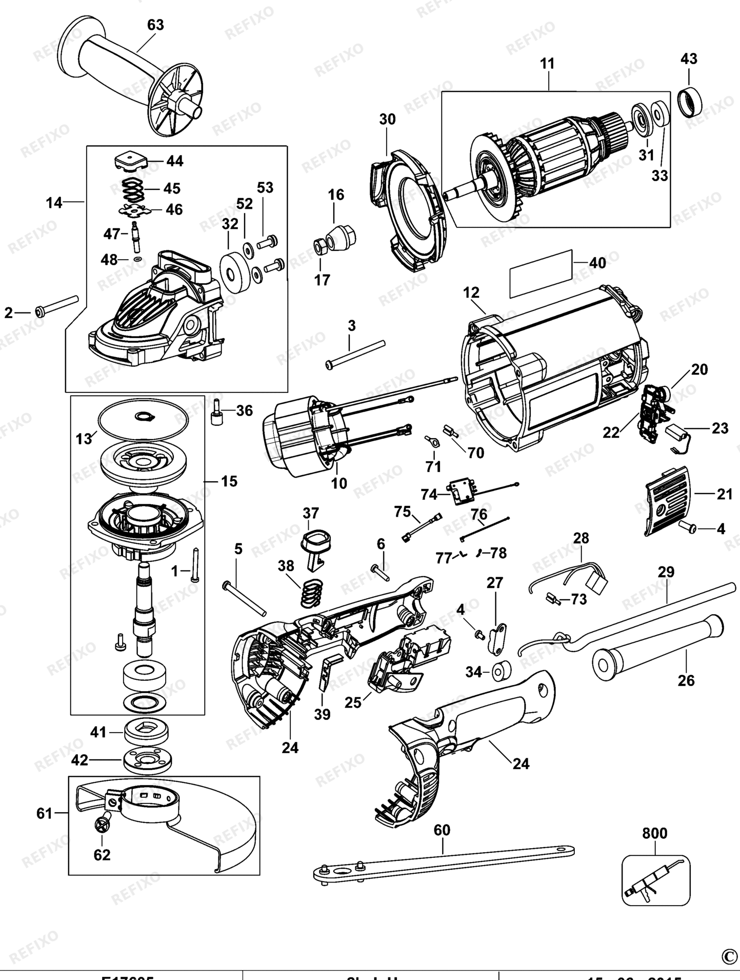 Деталировка DeWalt DWE494-QS TYPE 1 угловая шлифмашина DWE494-QS DWE494 — схема запчастей в разборе