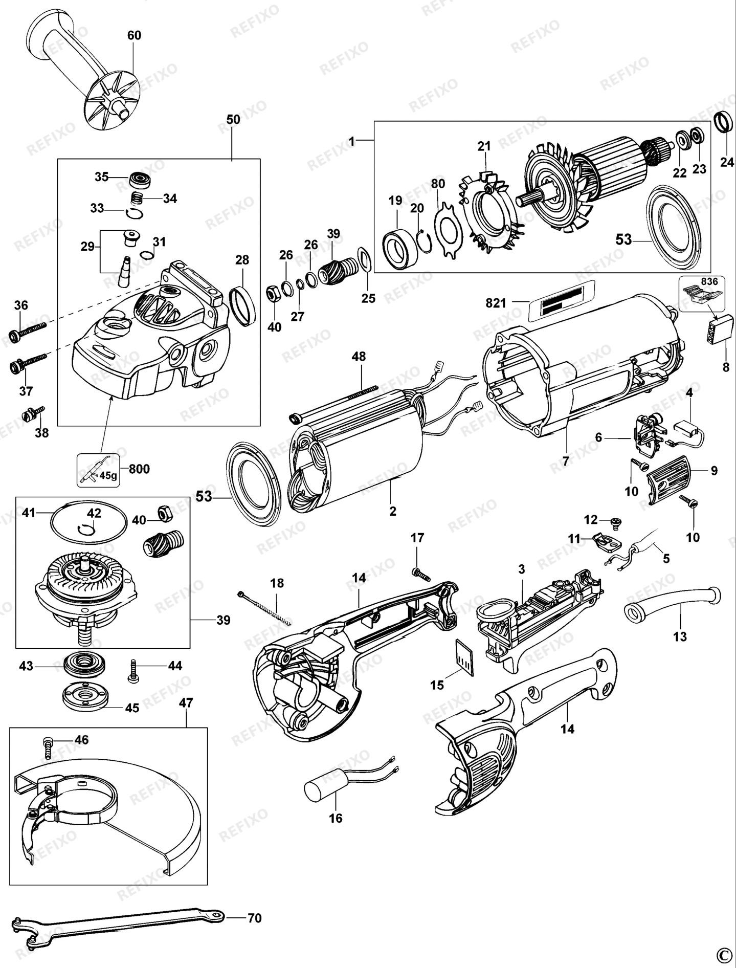 Деталировка DeWalt D28413-QS TYPE 2 угловая шлифмашина D28413-QS D28413 — схема запчастей в разборе
