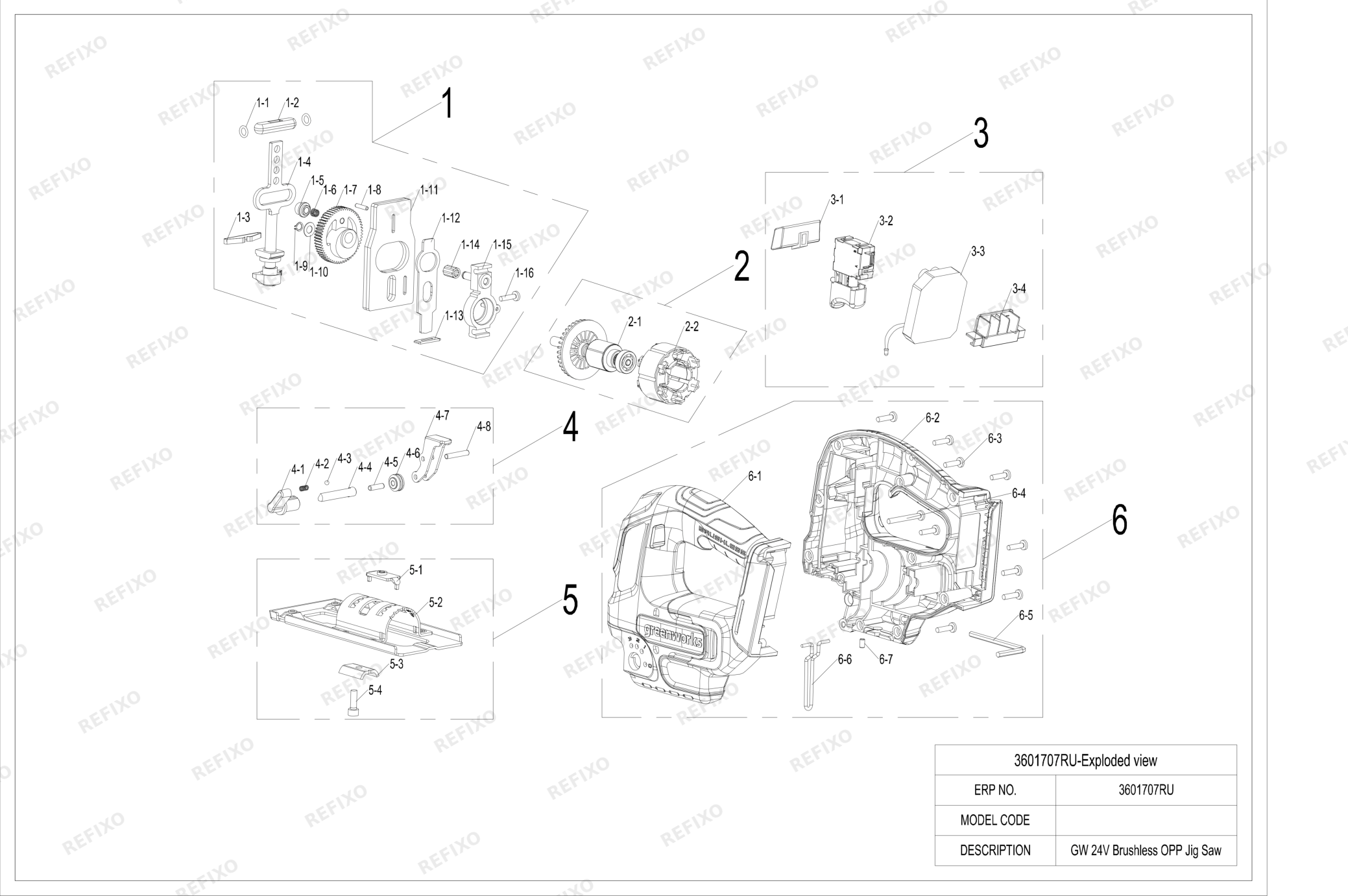 Деталировка Greenworks 3601707-Exploded view — схема запчастей в разборе