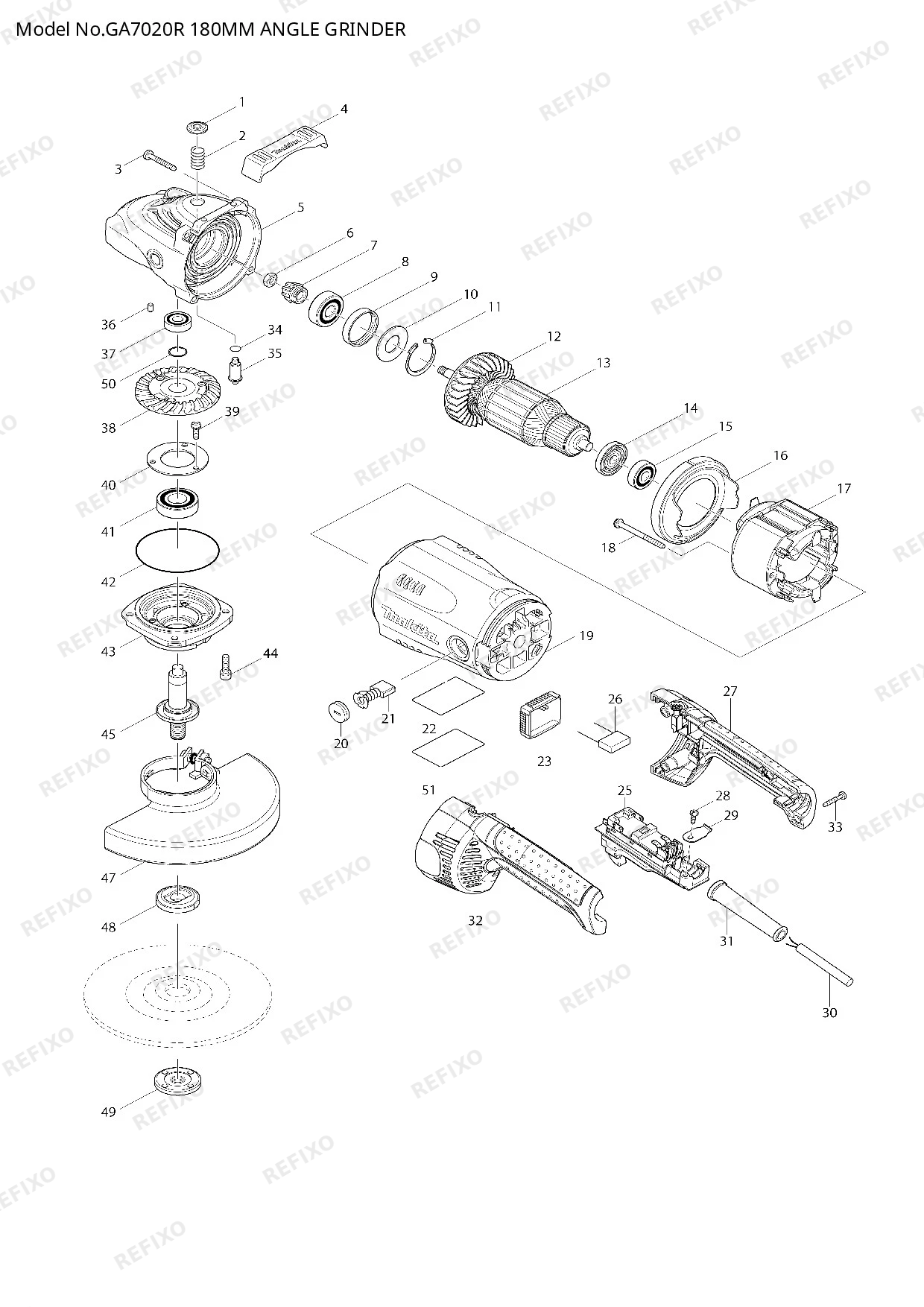 Деталировка MAKITA GA7020R — схема запчастей в разборе