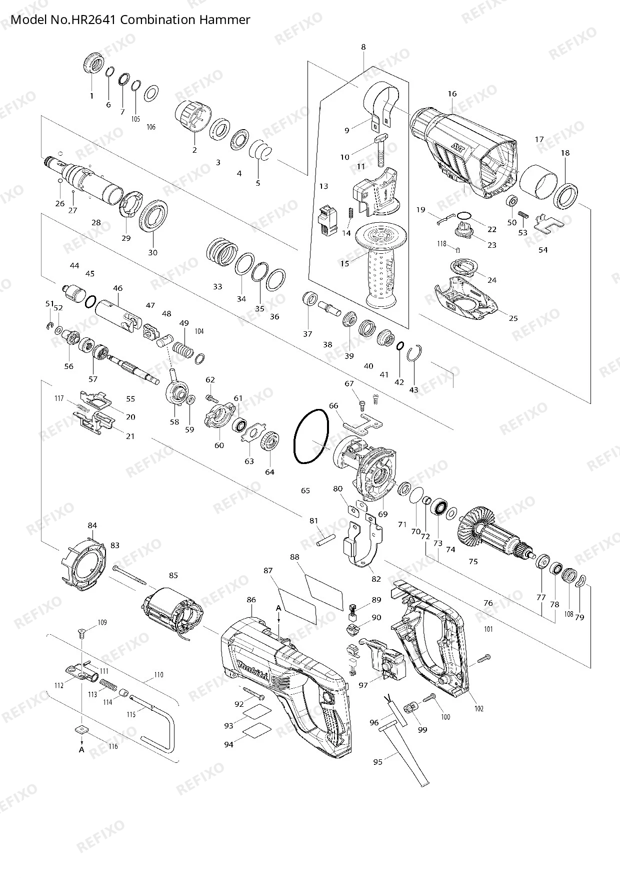 Деталировка MAKITA HR2641 — схема запчастей в разборе