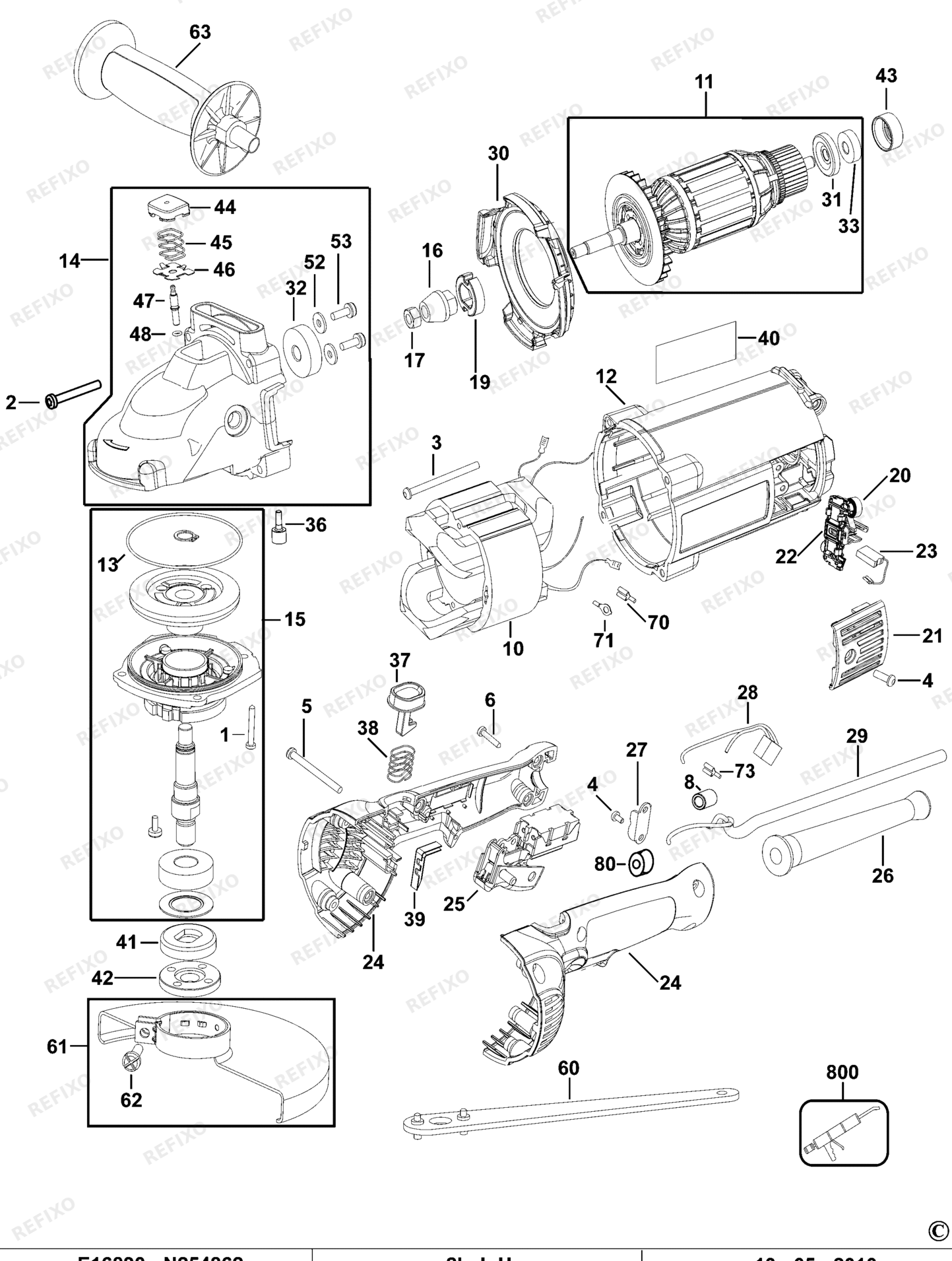 Деталировка DeWalt D28493-QS TYPE 5 угловая шлифмашина D28493-QS D28493 — схема запчастей в разборе