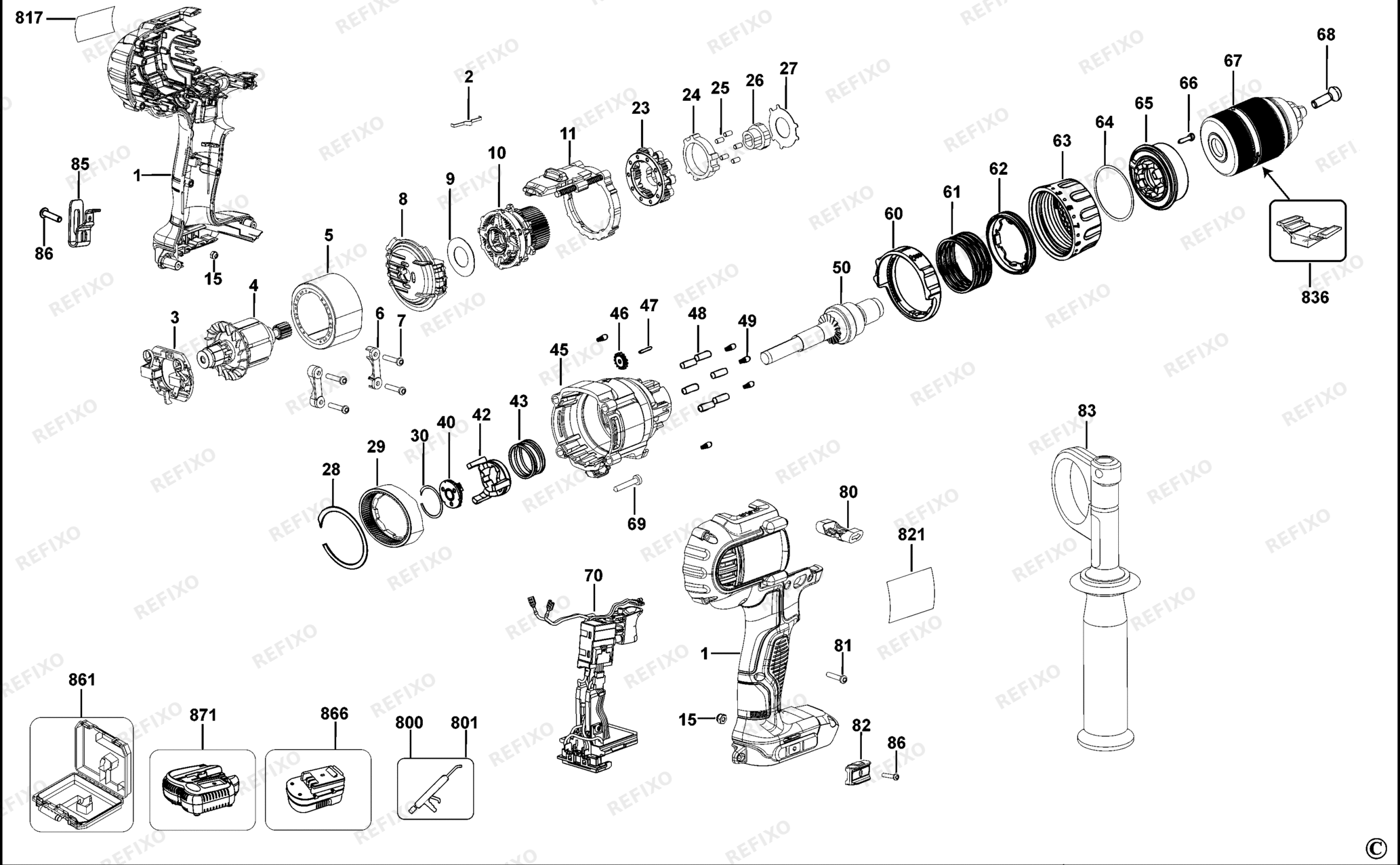Деталировка DeWalt DCD931-QW TYPE 11 аккумуляторный - дрель DCD931-QW DCD931 — схема запчастей в разборе