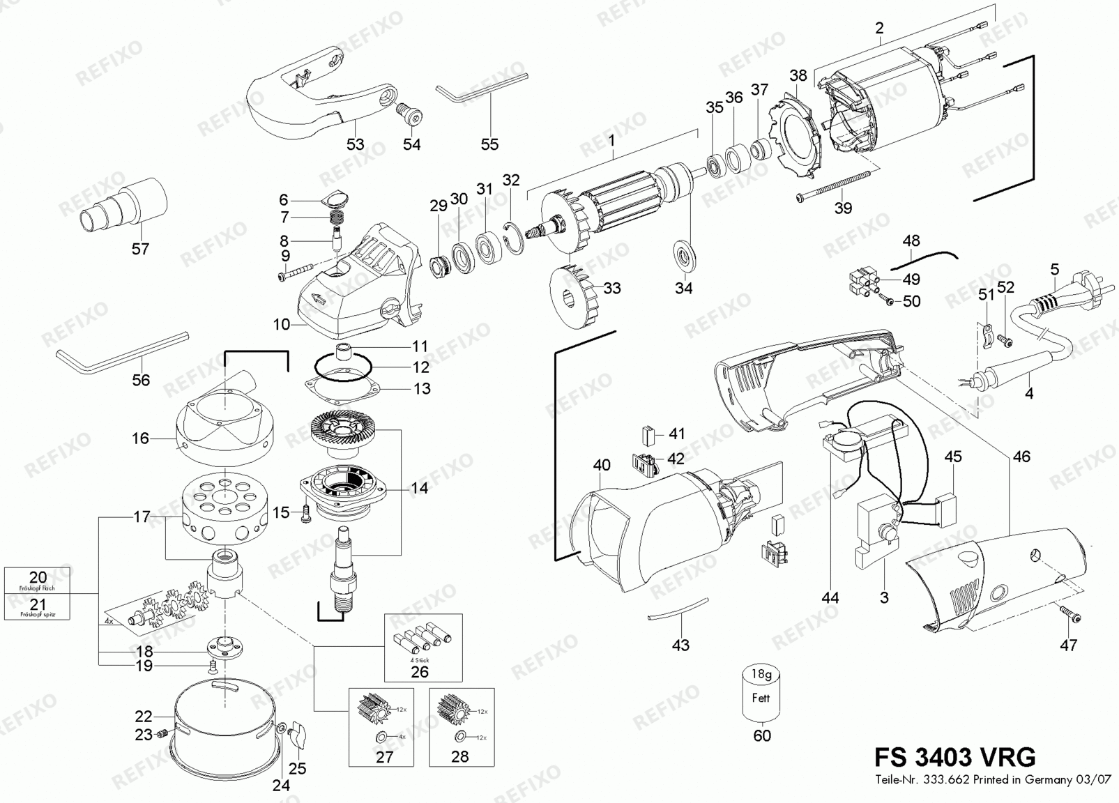 Деталировка Flex FS 3403 VRG 230CEE 333611 — схема запчастей в разборе