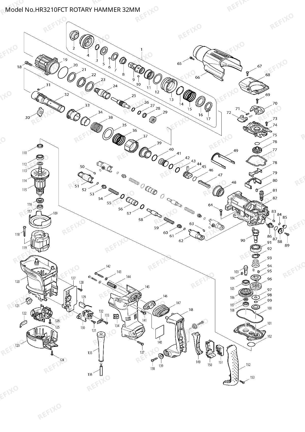 Деталировка MAKITA HR3210FCT — схема запчастей в разборе