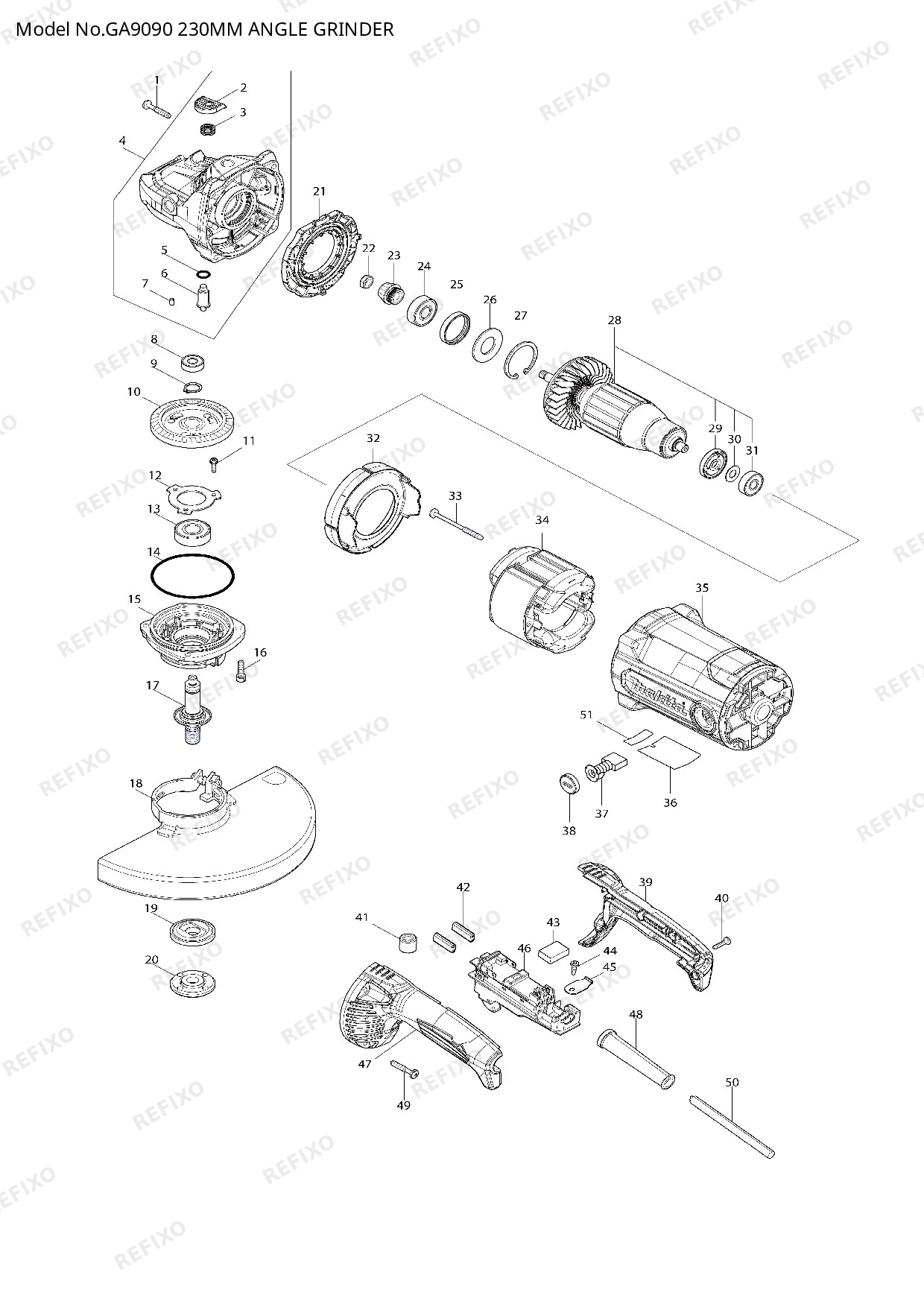 Деталировка MAKITA GA9090 — схема запчастей в разборе