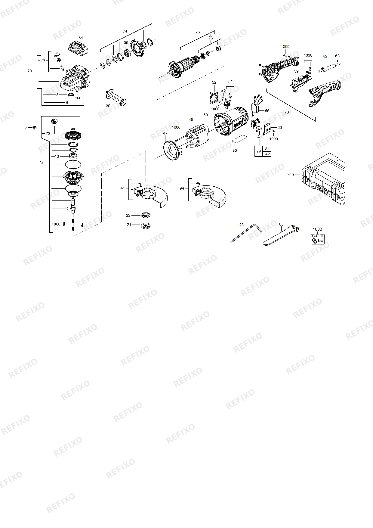Деталировка MILWAUKEE AG22 230EDSET 4933440300 4000440299 — схема запчастей в разборе