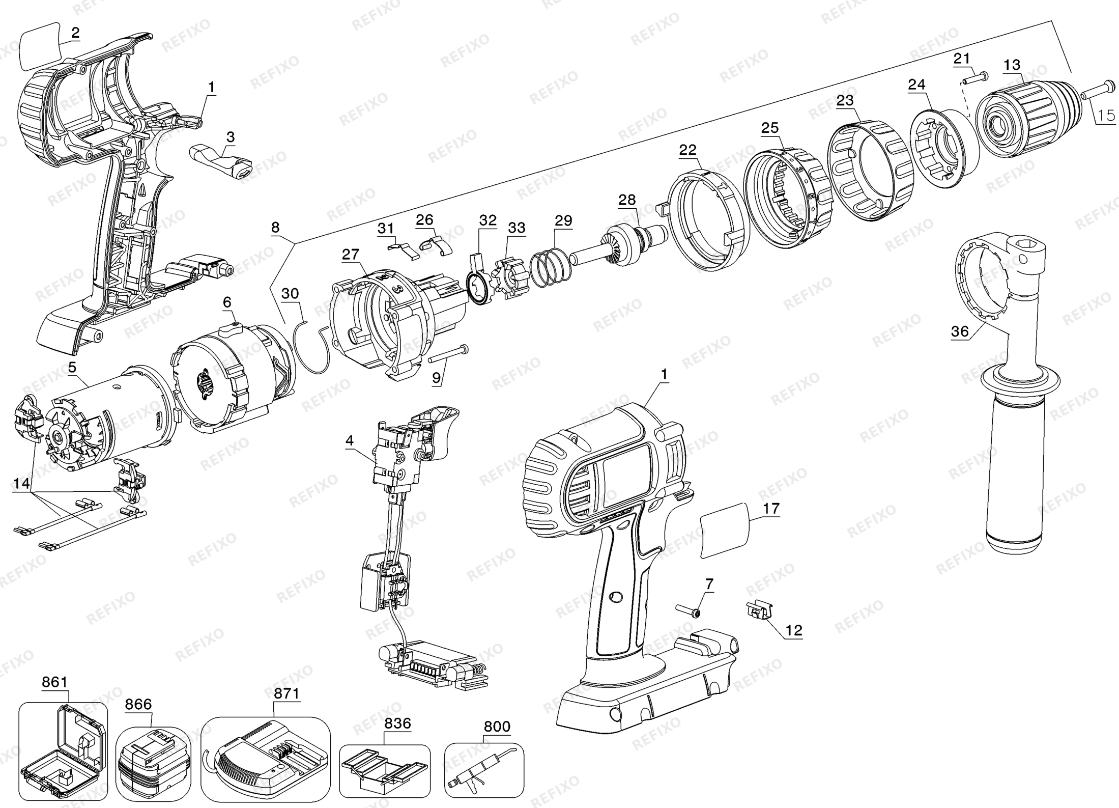 Деталировка DeWalt DC901K-XJ TYPE 2 36V Li-Ion HammerdrillDr DC901K-XJ DC901K — схема запчастей в разборе