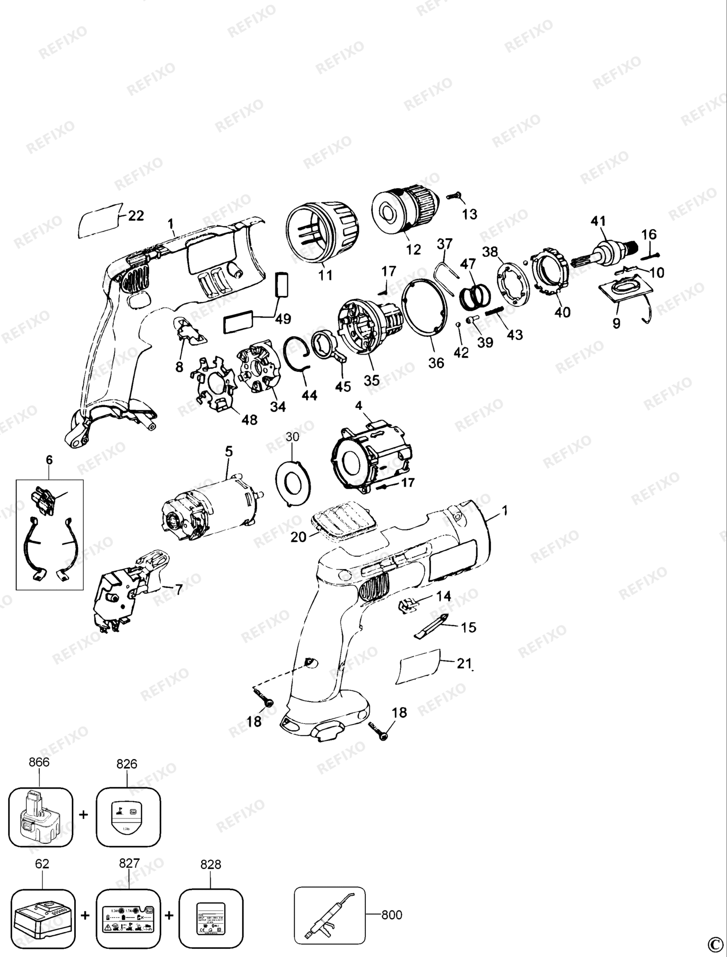 Деталировка DeWalt DW998-DE TYPE 1 аккумуляторный - дрель DW998-DE DW998 — схема запчастей в разборе