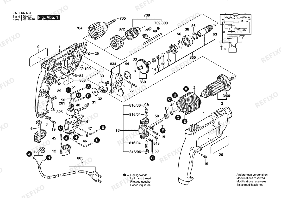 Деталировка Bosch Дрель GBM 10 SRE | 230 V | 001 - EU (0 601 137 503) — схема запчастей в разборе