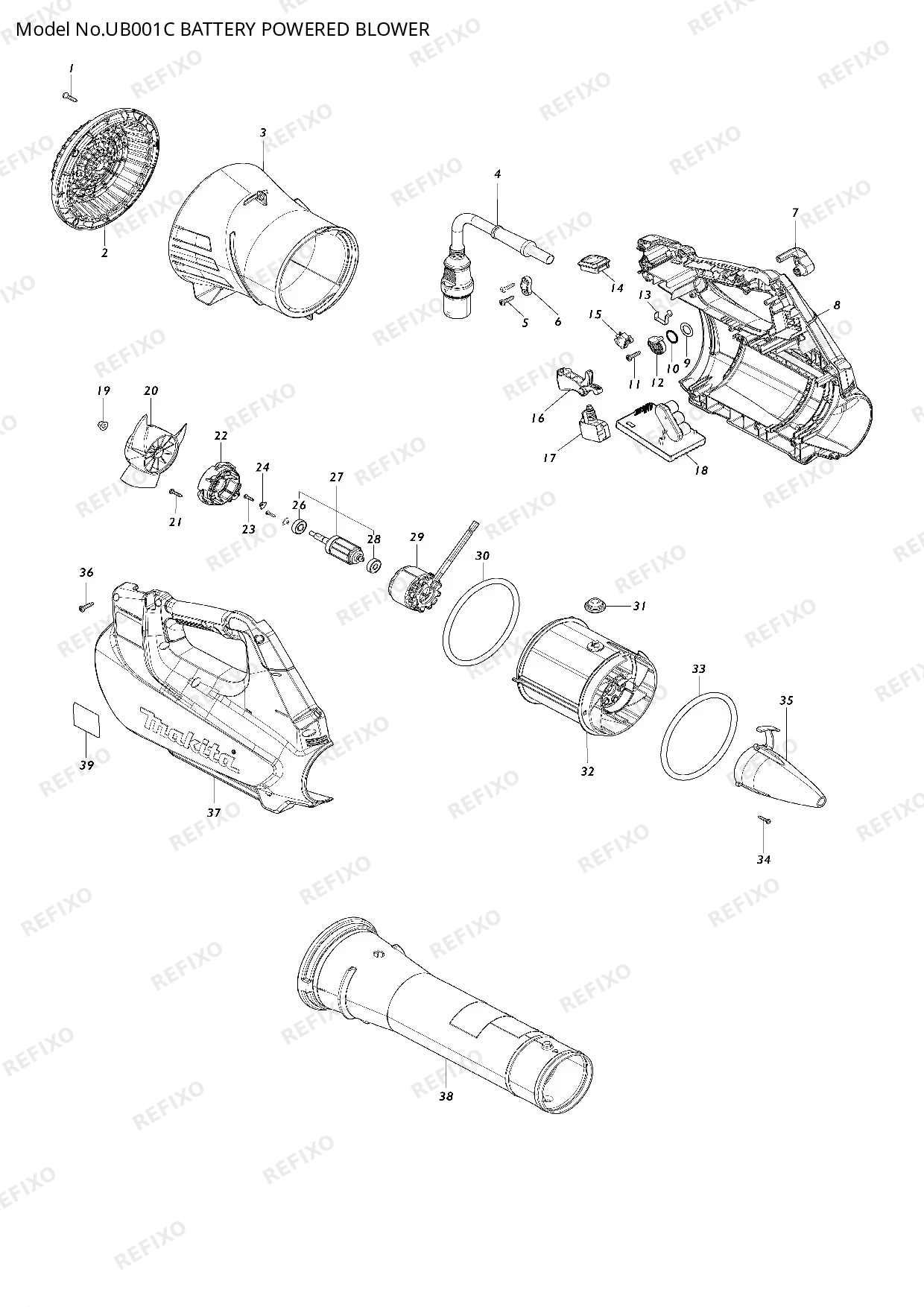 Деталировка MAKITA UB001C — схема запчастей в разборе