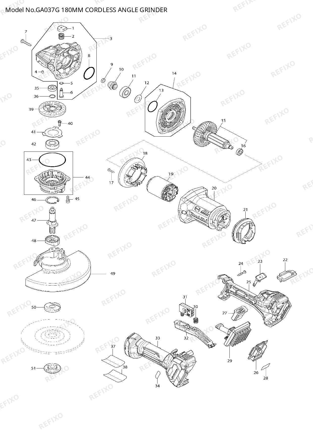 Деталировка MAKITA GA037G — схема запчастей в разборе