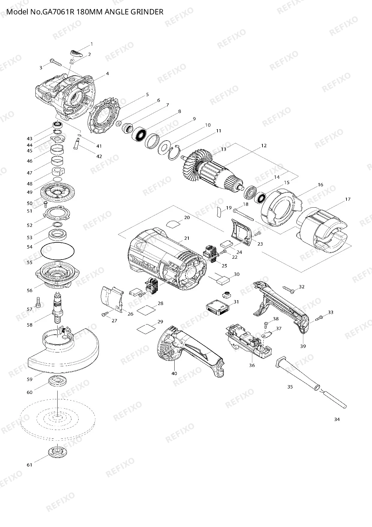 Деталировка MAKITA GA7061R — схема запчастей в разборе