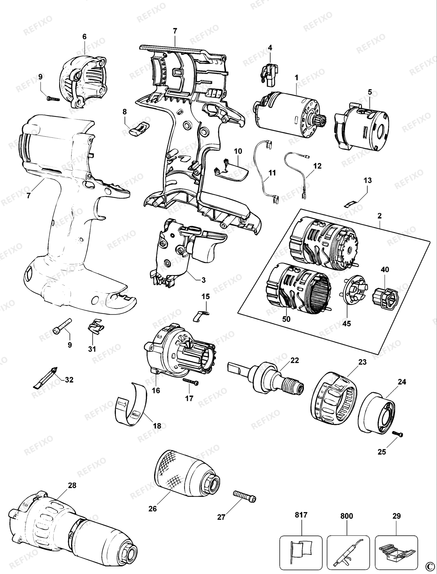 Деталировка DeWalt DW980-XJ TYPE 11 аккумуляторный - дрель DW980-XJ DW980 — схема запчастей в разборе