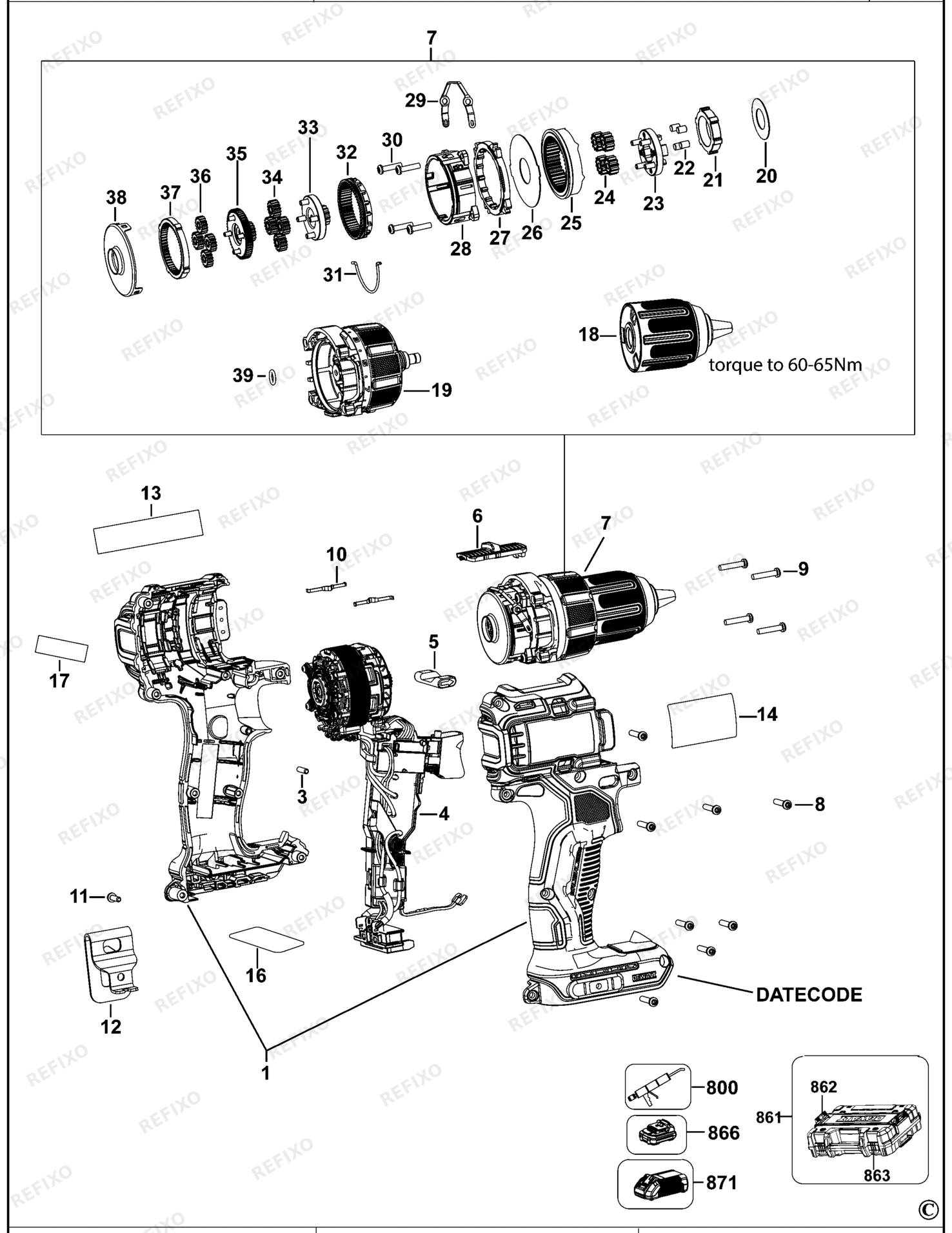Деталировка DeWalt DCD708D3T-XJ TYPE 1 BOHRERANTRIEB DCD708D3T-XJ DCD708D3T — схема запчастей в разборе